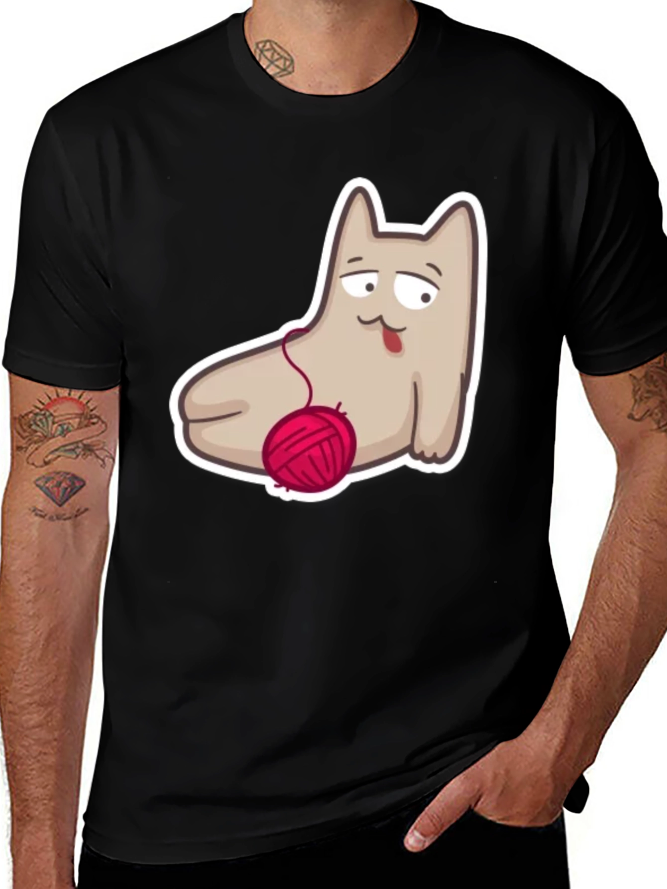 Variant 13 of Funny Cat with Yarn Ball Graphic Tee - Black Cotton T-Shirt