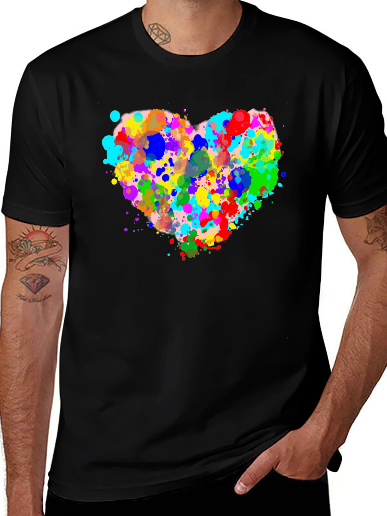 Colorful Heart Splatter Graphic Tee - Soft Black Cotton