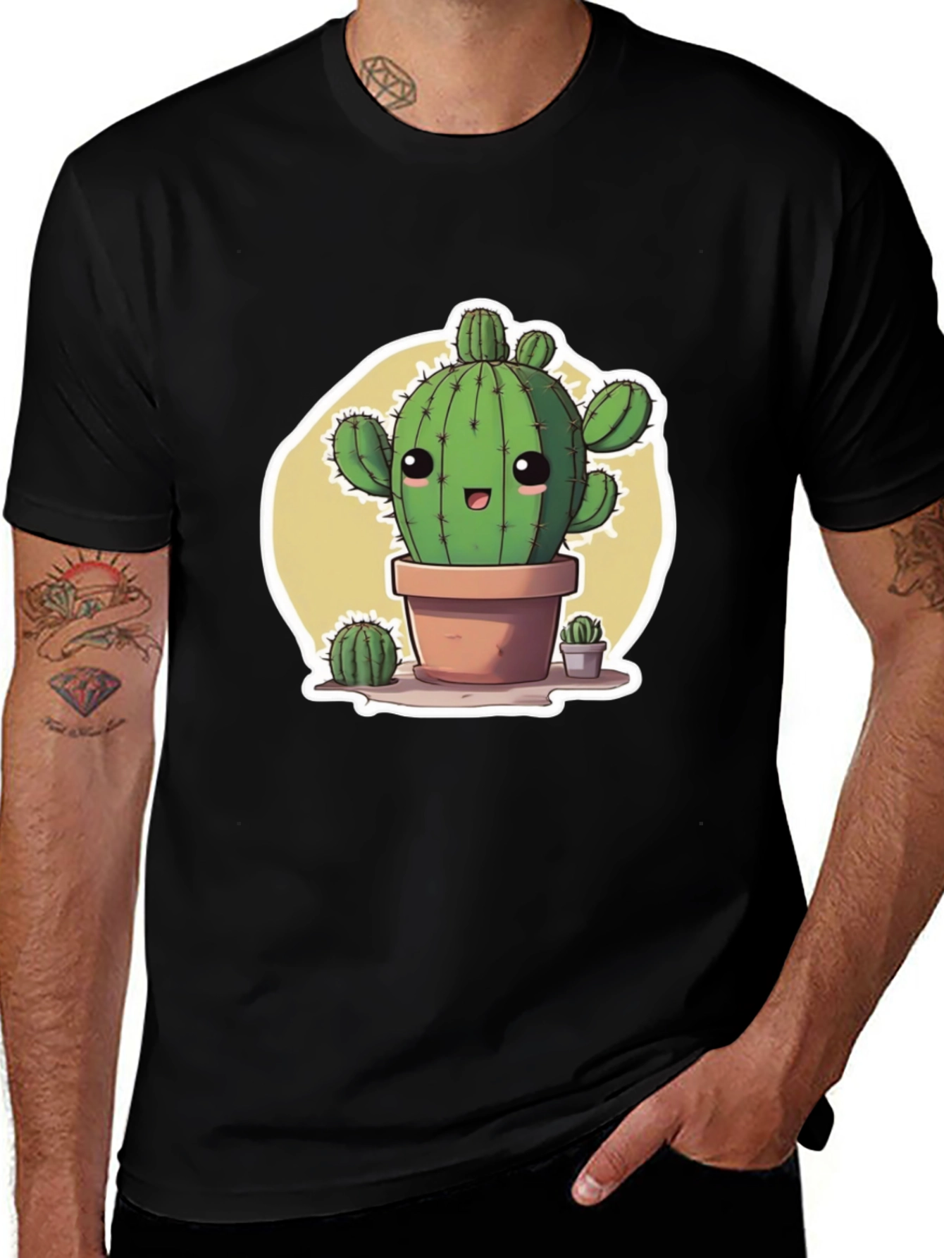 Variant 17 of Cute Cartoon Cactus Black T-Shirt