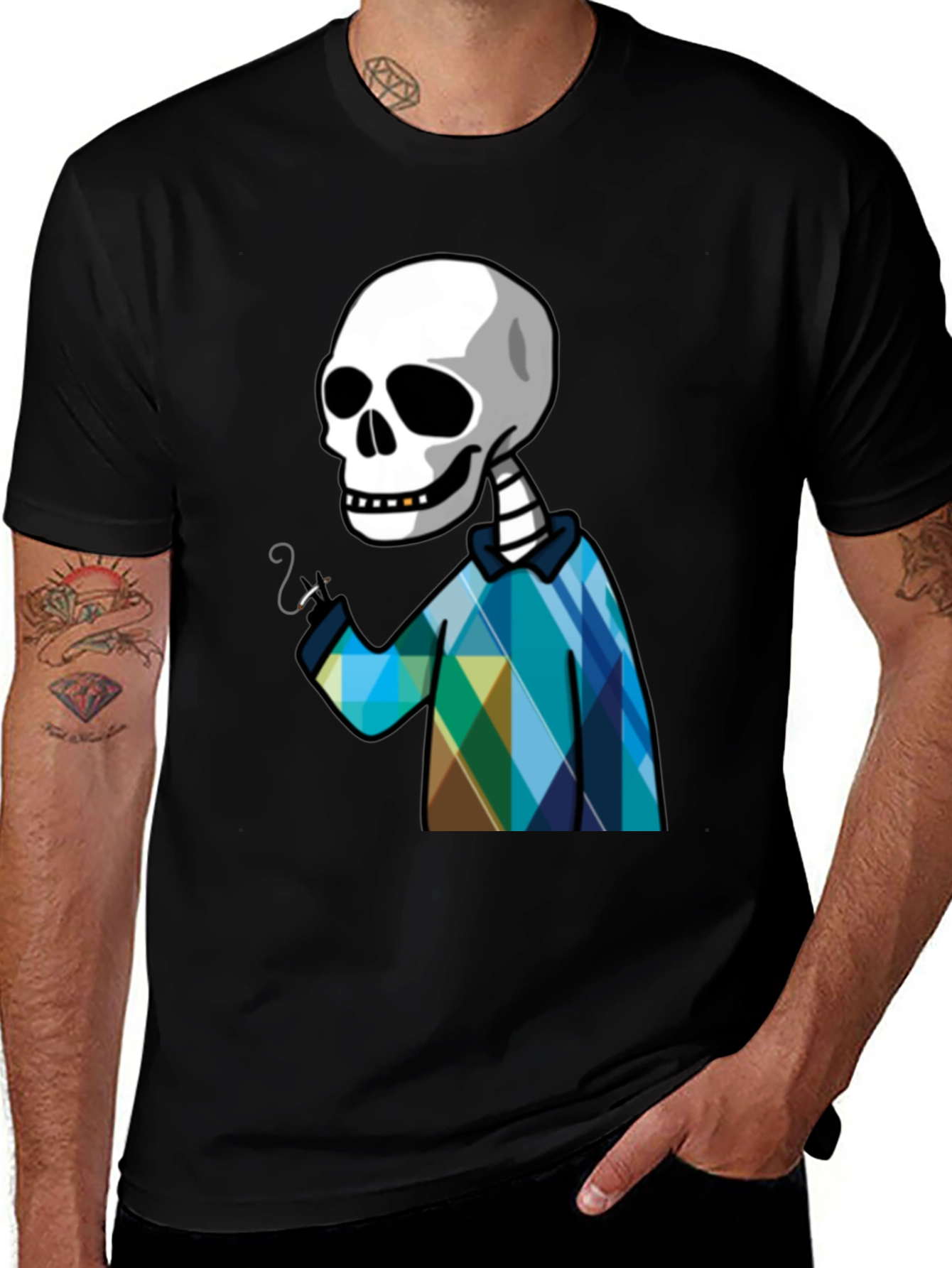 Variant 30 of Smoking Skeleton in Argyle Shirt T-Shirt