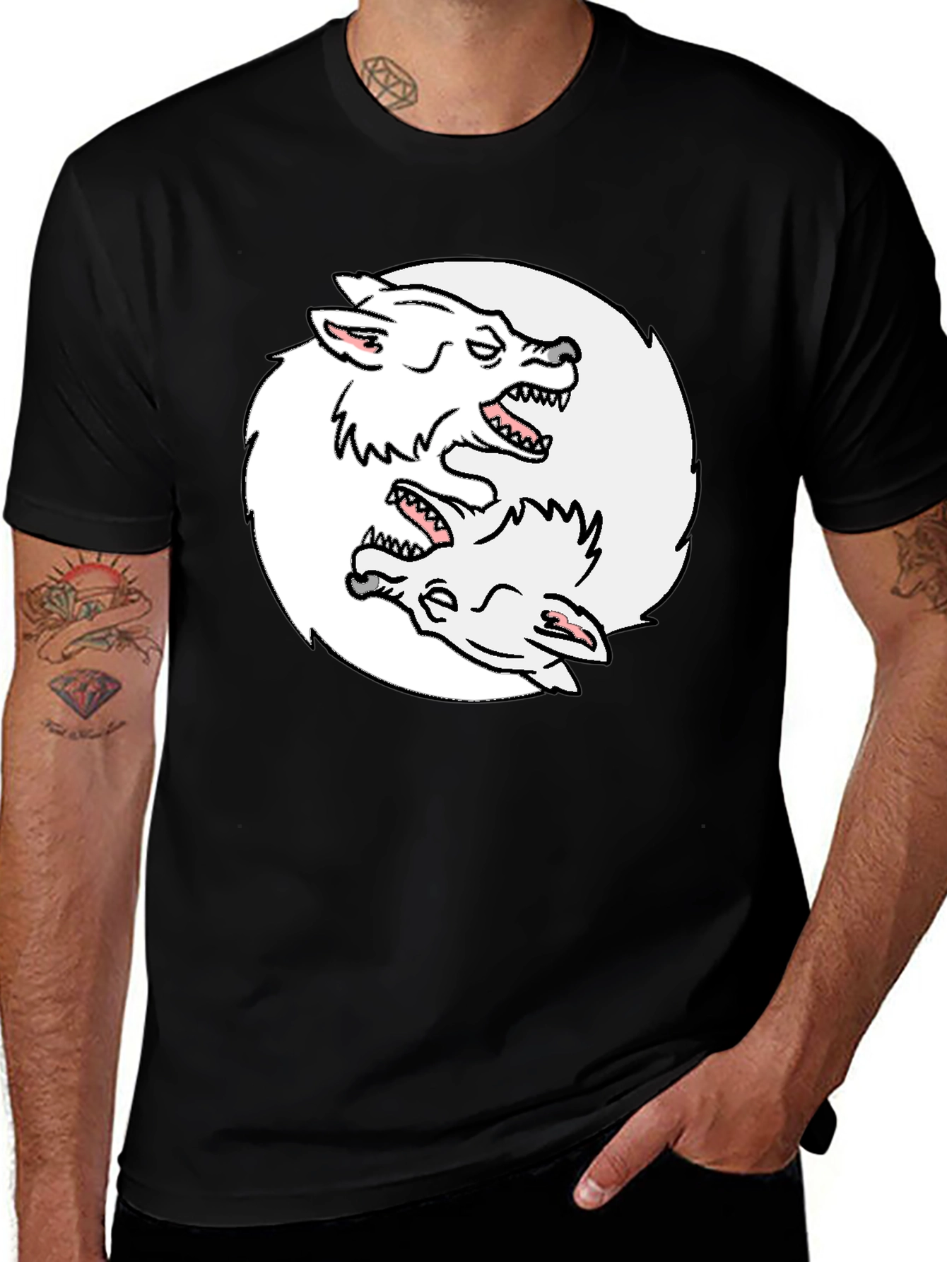 Variant 18 of Yin Yang Wolves Graphic Tee - Black Cotton T-Shirt
