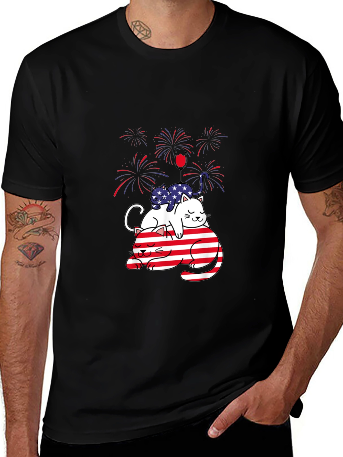Patriotic Cat T-Shirt | American Flag Cats & Fireworks