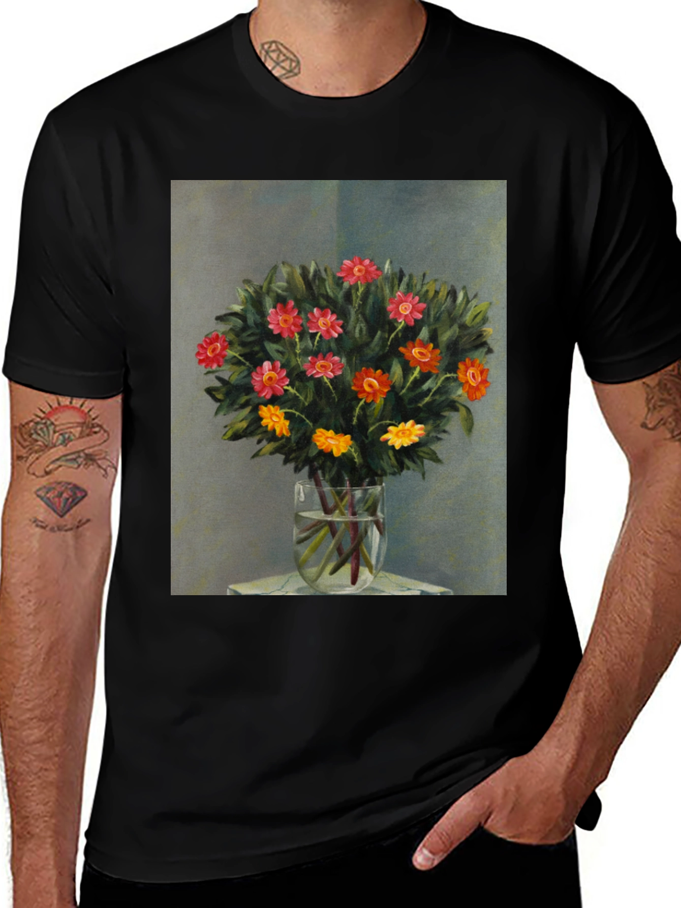 Floral Still Life Graphic Tee - Black Cotton