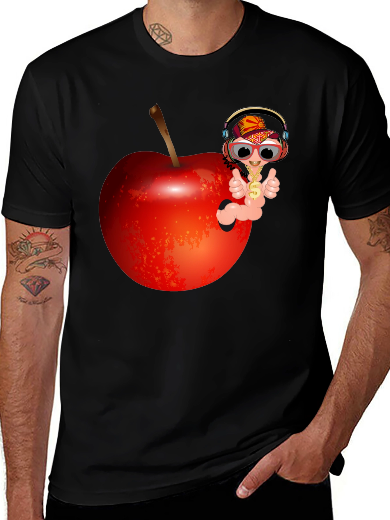 Variant 8 of Cartoon Worm with Apple T-Shirt - Black Cotton Tee