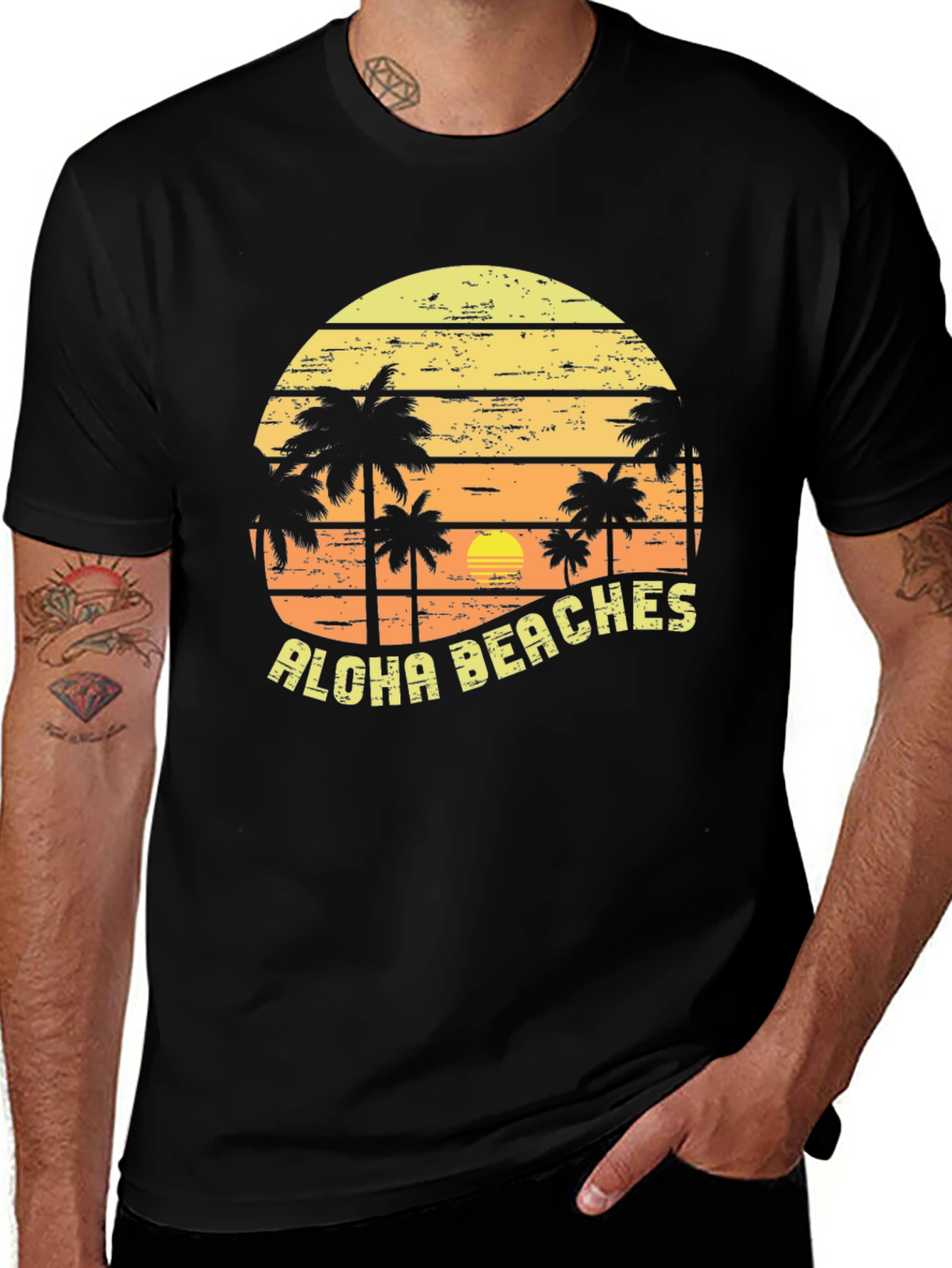Aloha Beaches Graphic Tee - Tropical Palm Tree Sunset Shirt