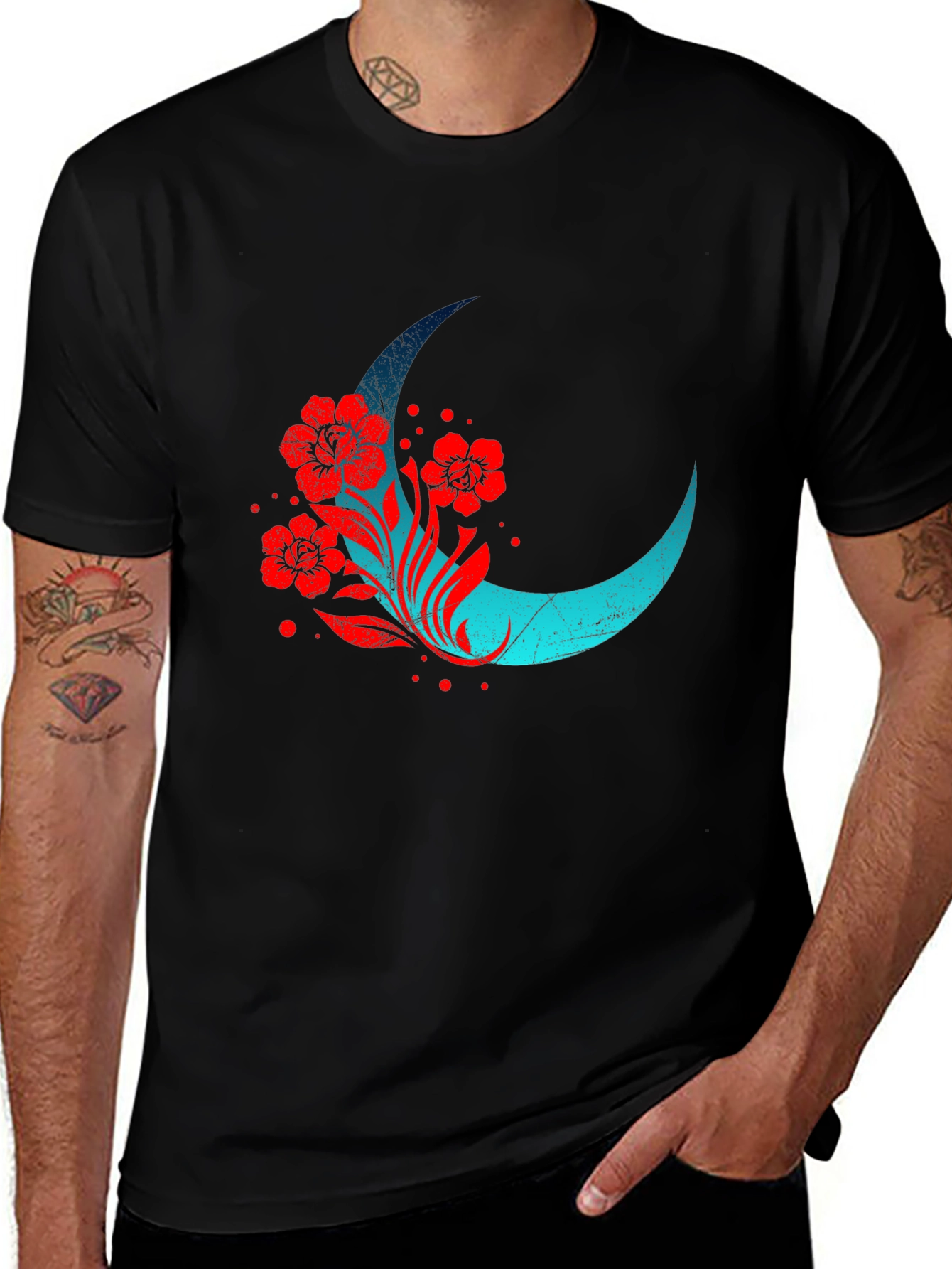 Variant 2 of Crescent Moon Floral Graphic Tee - Black