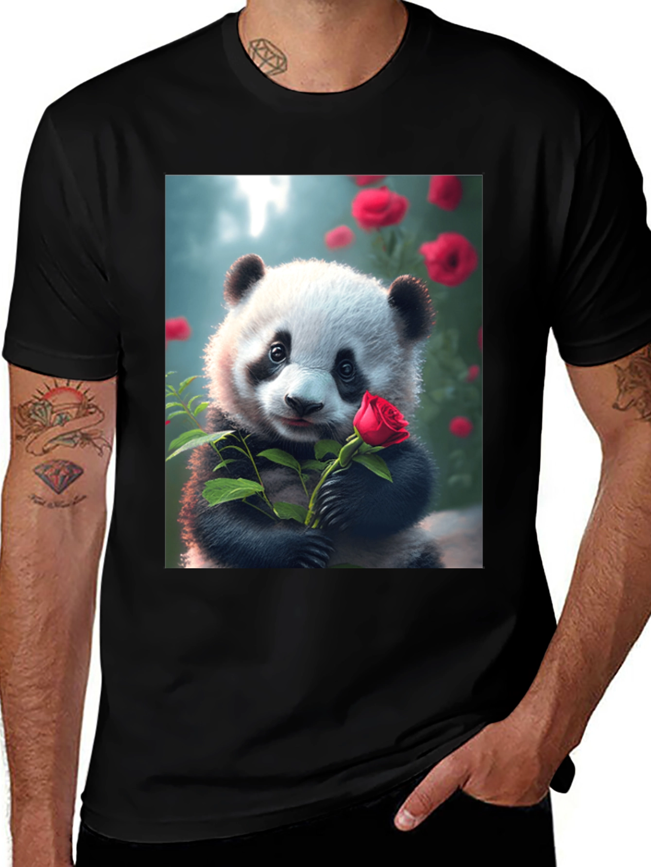 Variant 25 of Panda with Rose Graphic Tee - Unique Black T-Shirt