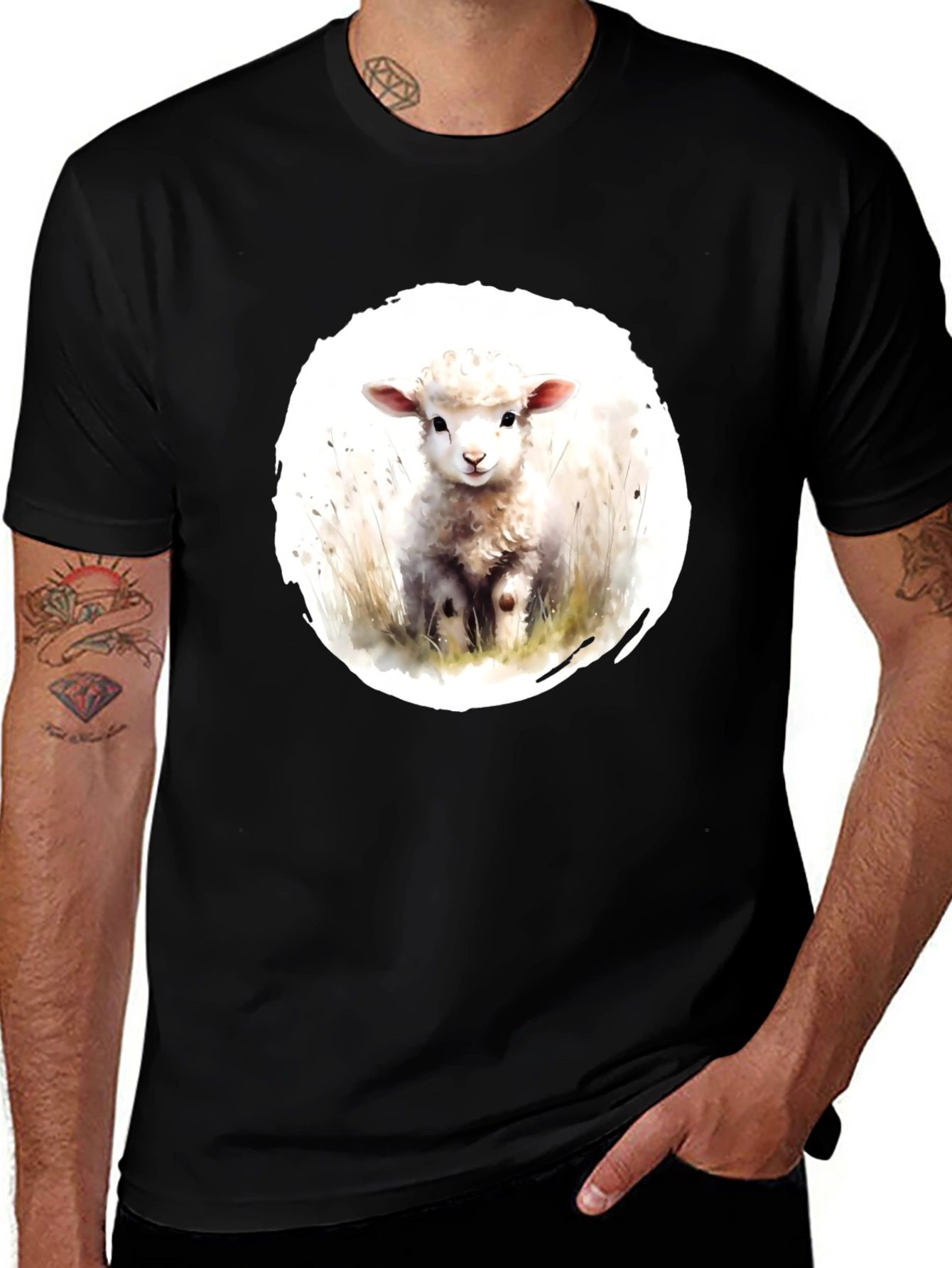 Variant 26 of Cute Lamb Graphic Tee - Black Cotton T-Shirt