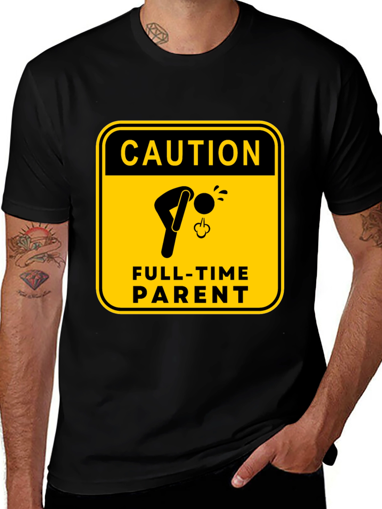 Variant 24 of Caution Full-Time Parent Black T-Shirt