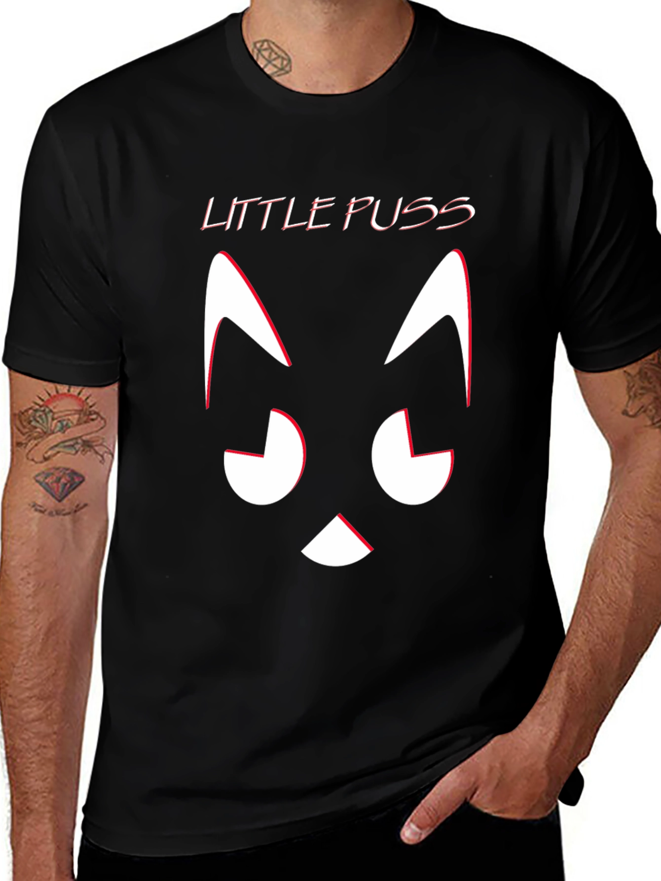 Variant 12 of Little Puss T-Shirt - Black Cotton Tee with Cat Design
