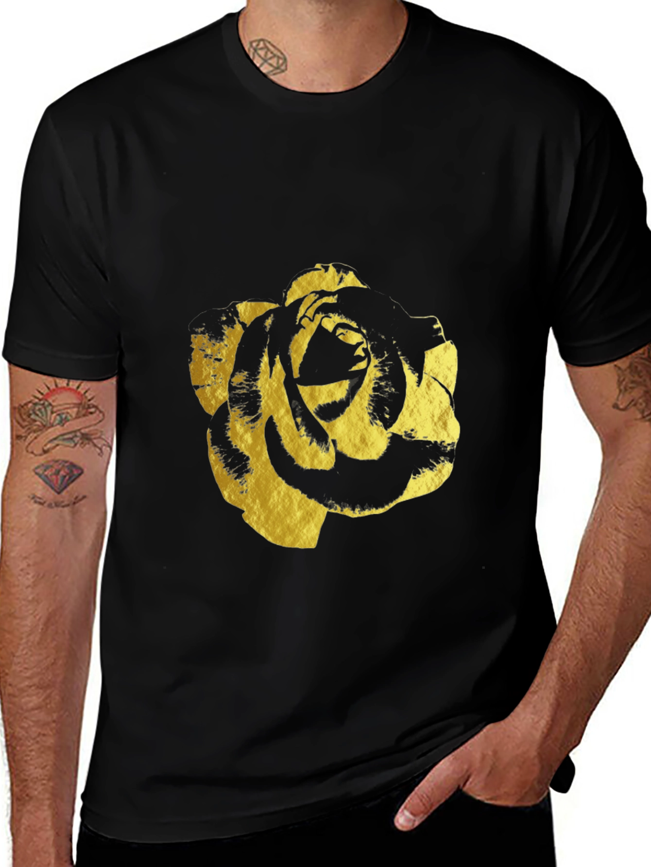 Black Black T-Shirt with Gold Rose Print - Modern & Stylish main image