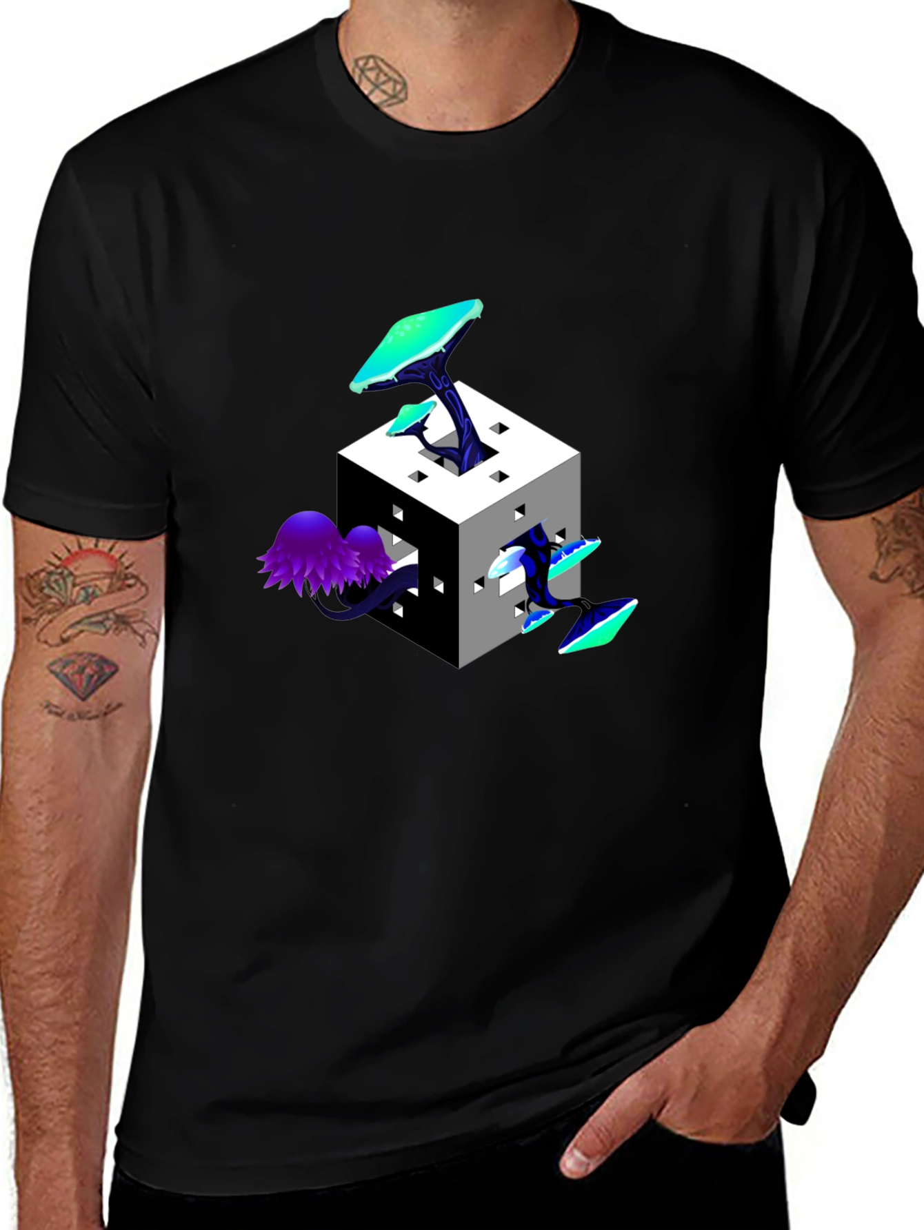 Variant 26 of Mystic Cube Mushroom Graphic Tee - Trendy Black T-Shirt