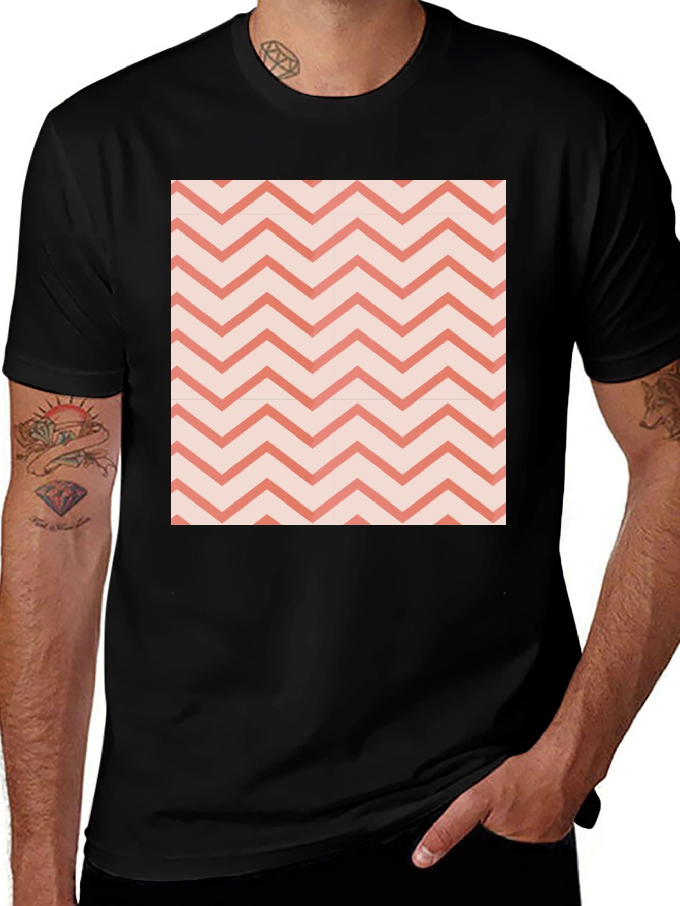 Variant 8 of Men's Black Tee with Coral Chevron Pattern