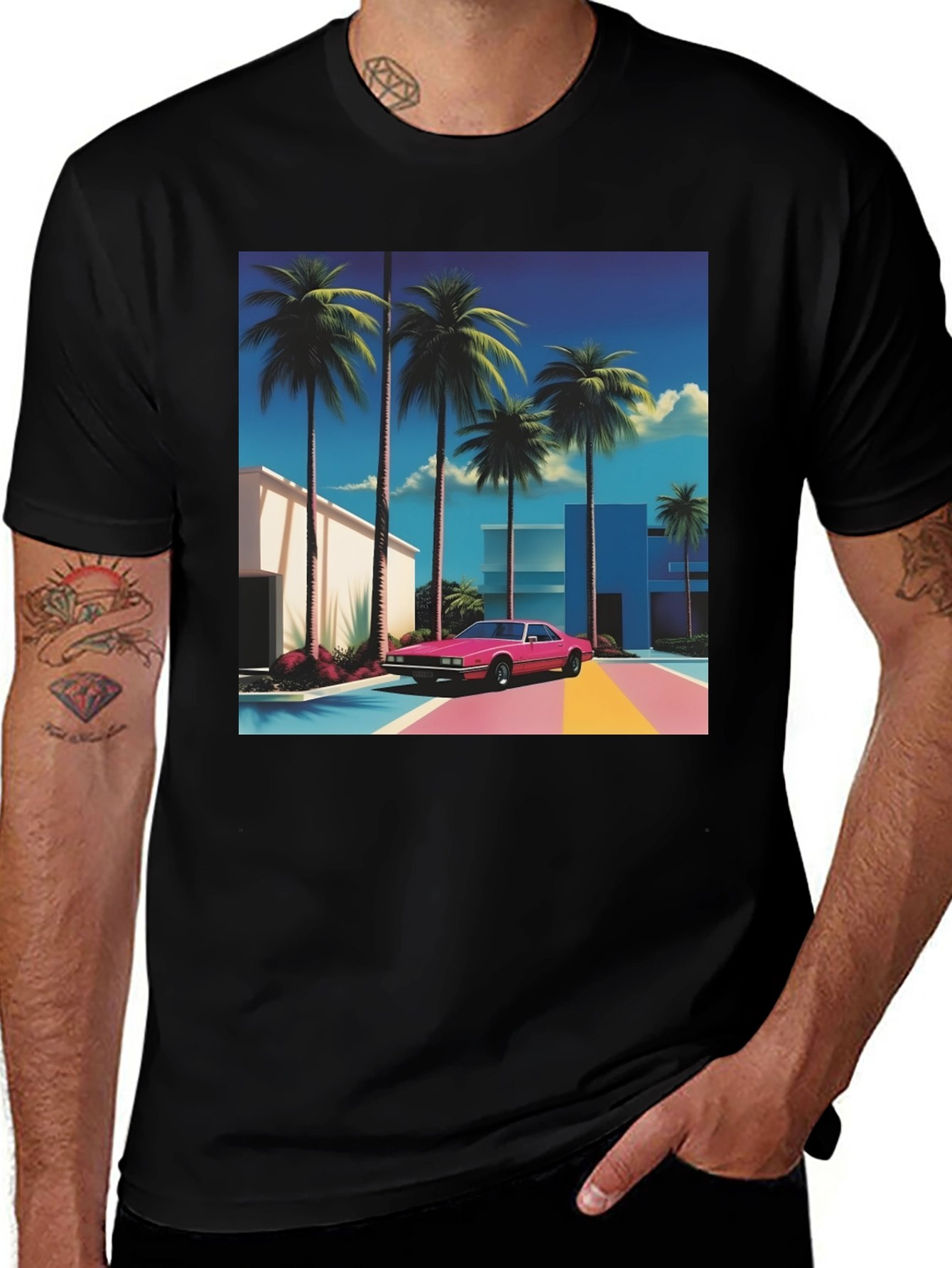 Retro Miami Vice Vibes T-Shirt - Palm Trees & Classic Car