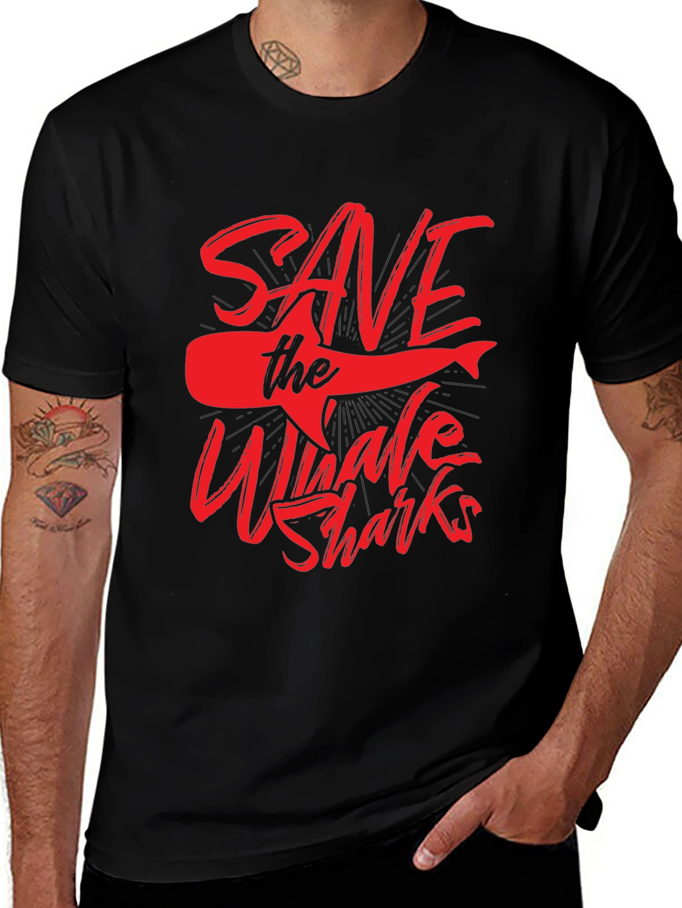 Variant 4 of Save the Whale Sharks Graphic Tee - Black Cotton Casual Shirt