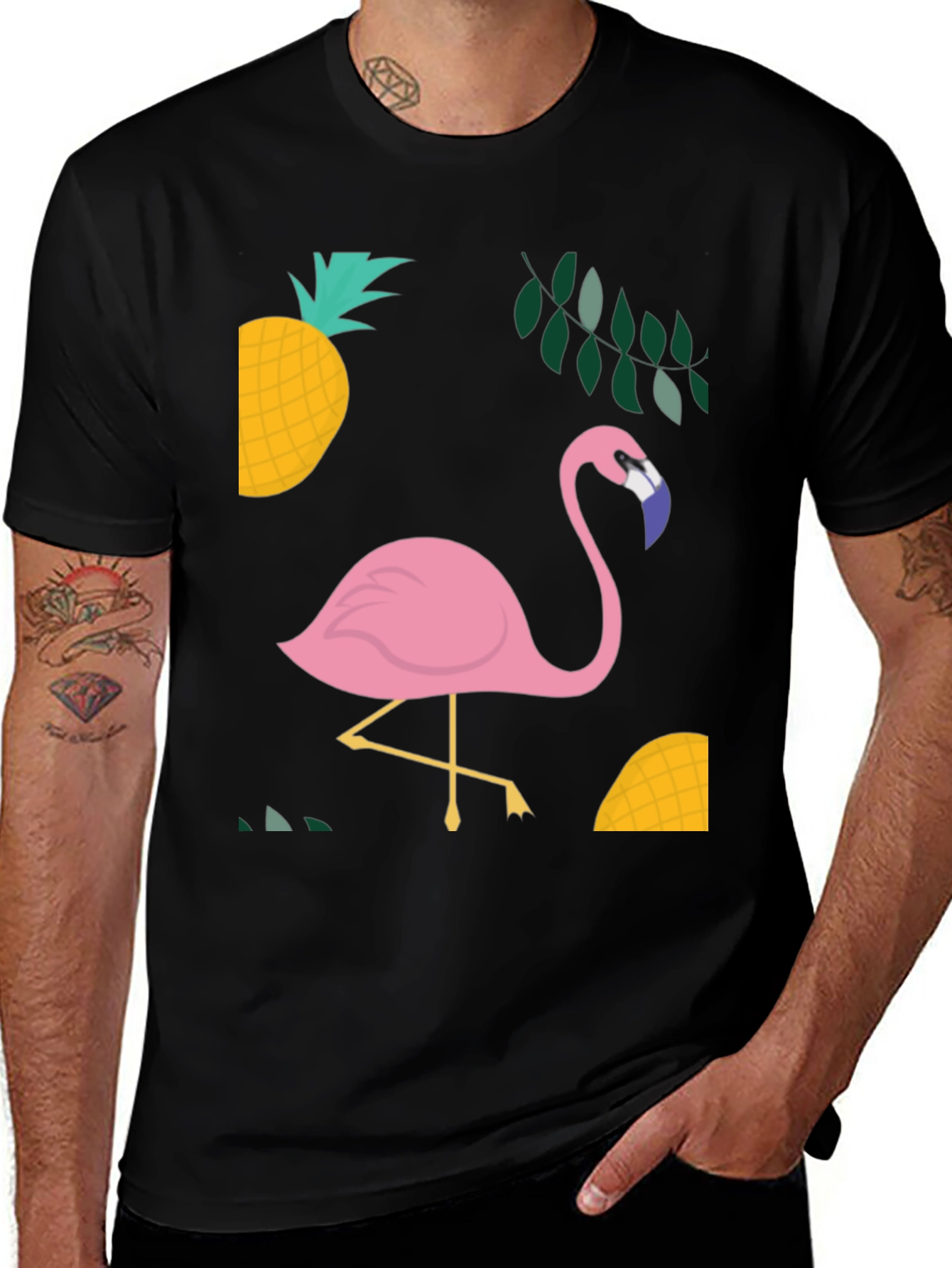 Variant 8 of Tropical Flamingo Graphic Tee - Black Cotton Shirt