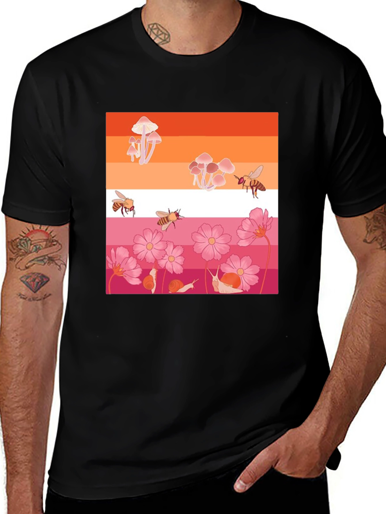 Variant 21 of Lesbian Pride Tee: Mushrooms, Bees, and Snails Design