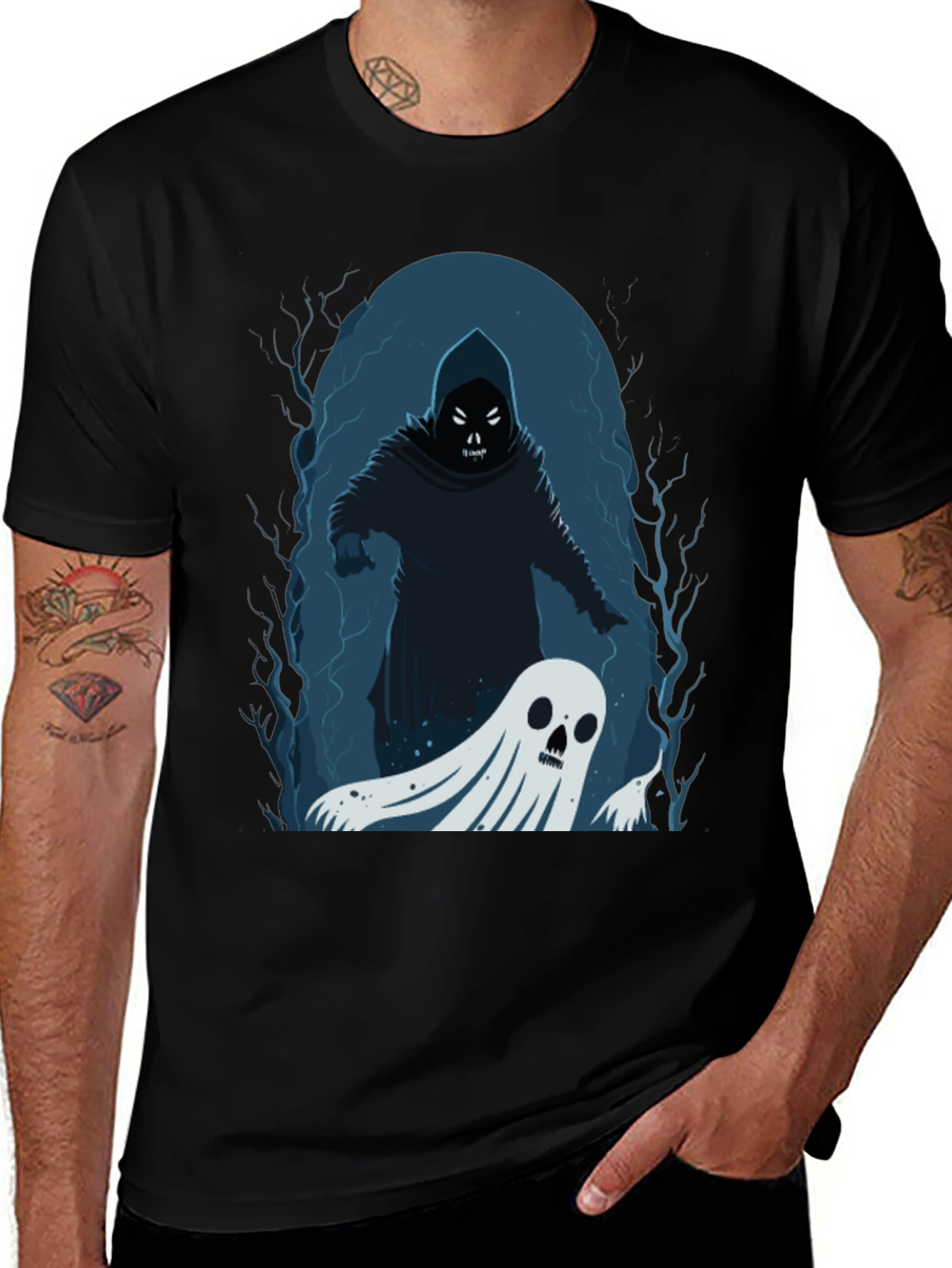 Variant 13 of Spooky Grim Reaper & Ghost Black T-Shirt