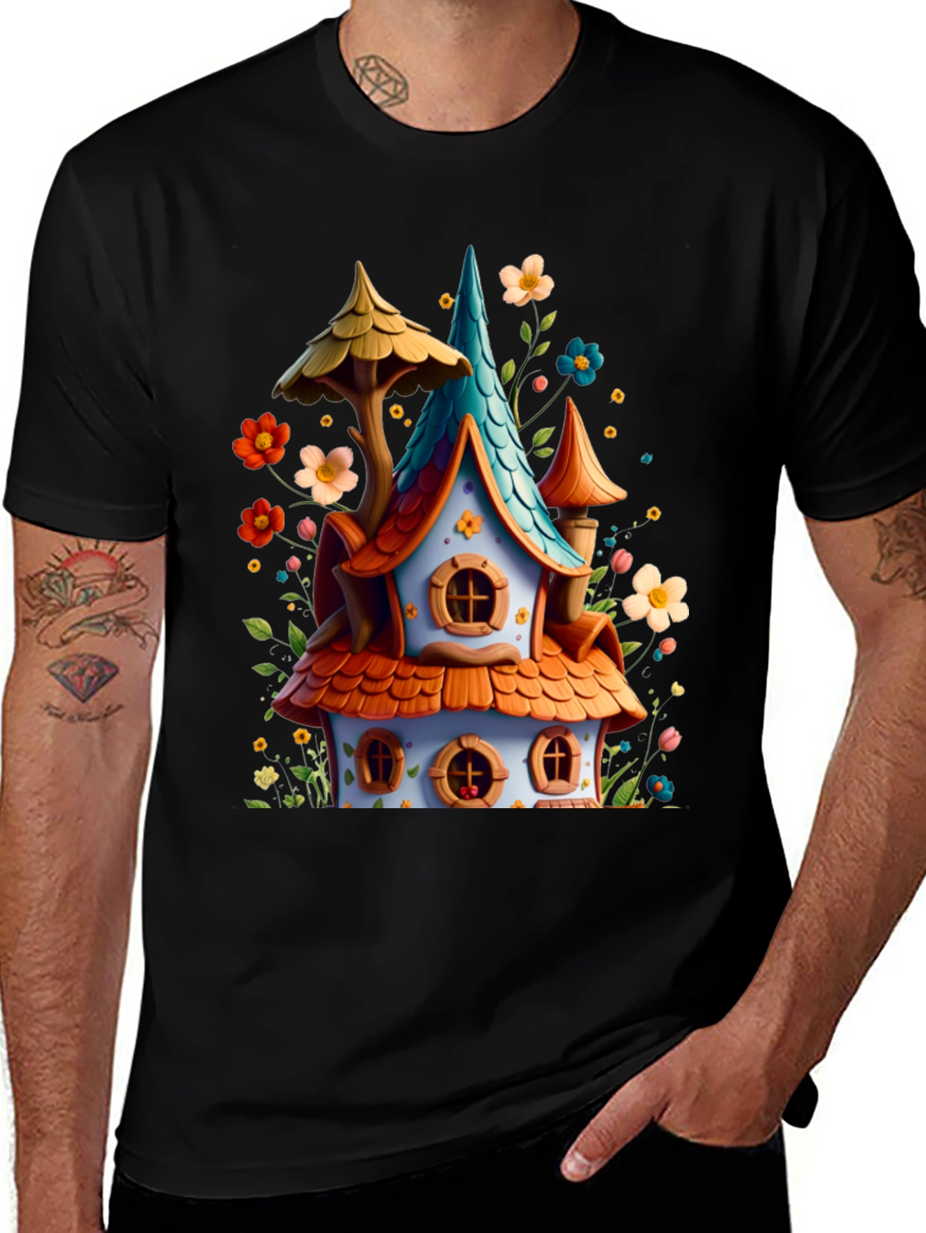 Variant 4 of Whimsical House Graphic Tee - Fantasy Style