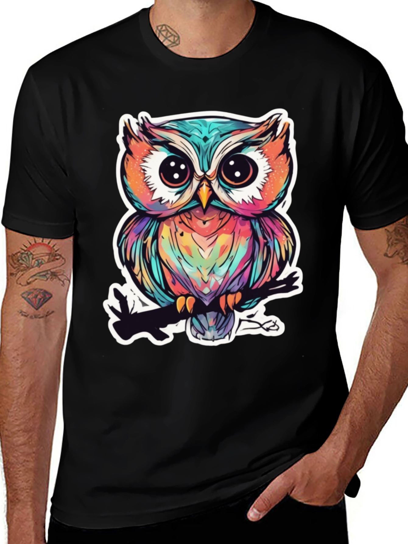 Black Colorful Owl Graphic Tee - Unique Bird Design main image