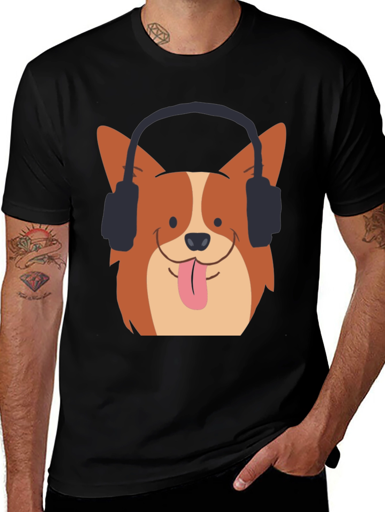 Variant 6 of Cool Corgi Headphone Graphic Tee - Black