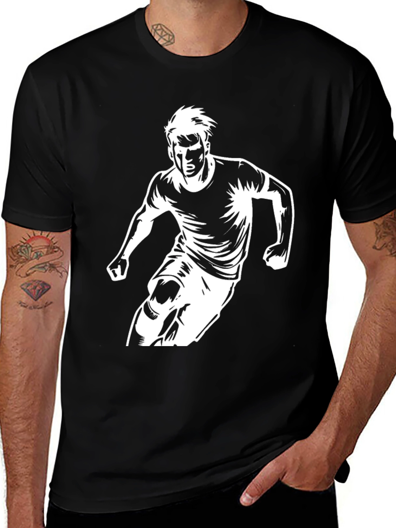 Men's Black Graphic Tee - Soccer Player Print