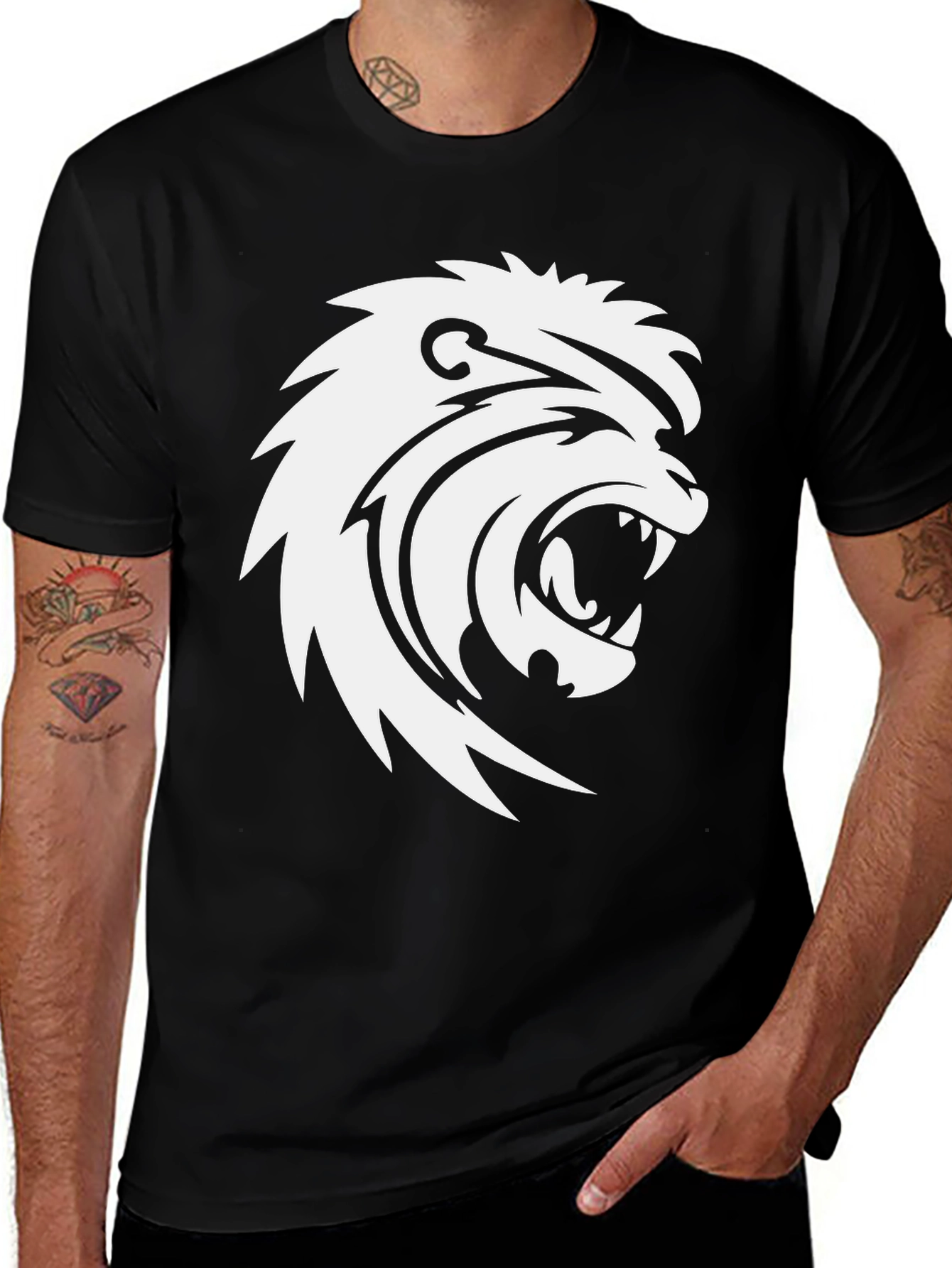 Variant 9 of Lion Graphic Print Black Crew Neck Tee for Men