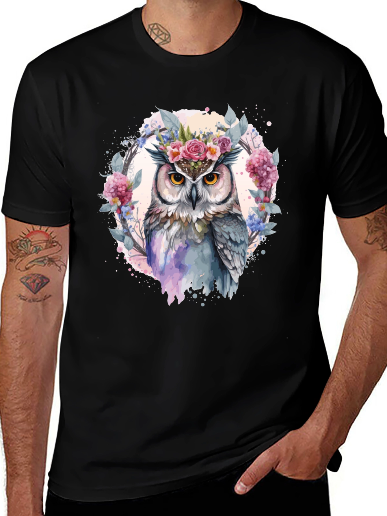 Floral Owl Graphic Tee - Men's Black T-Shirt