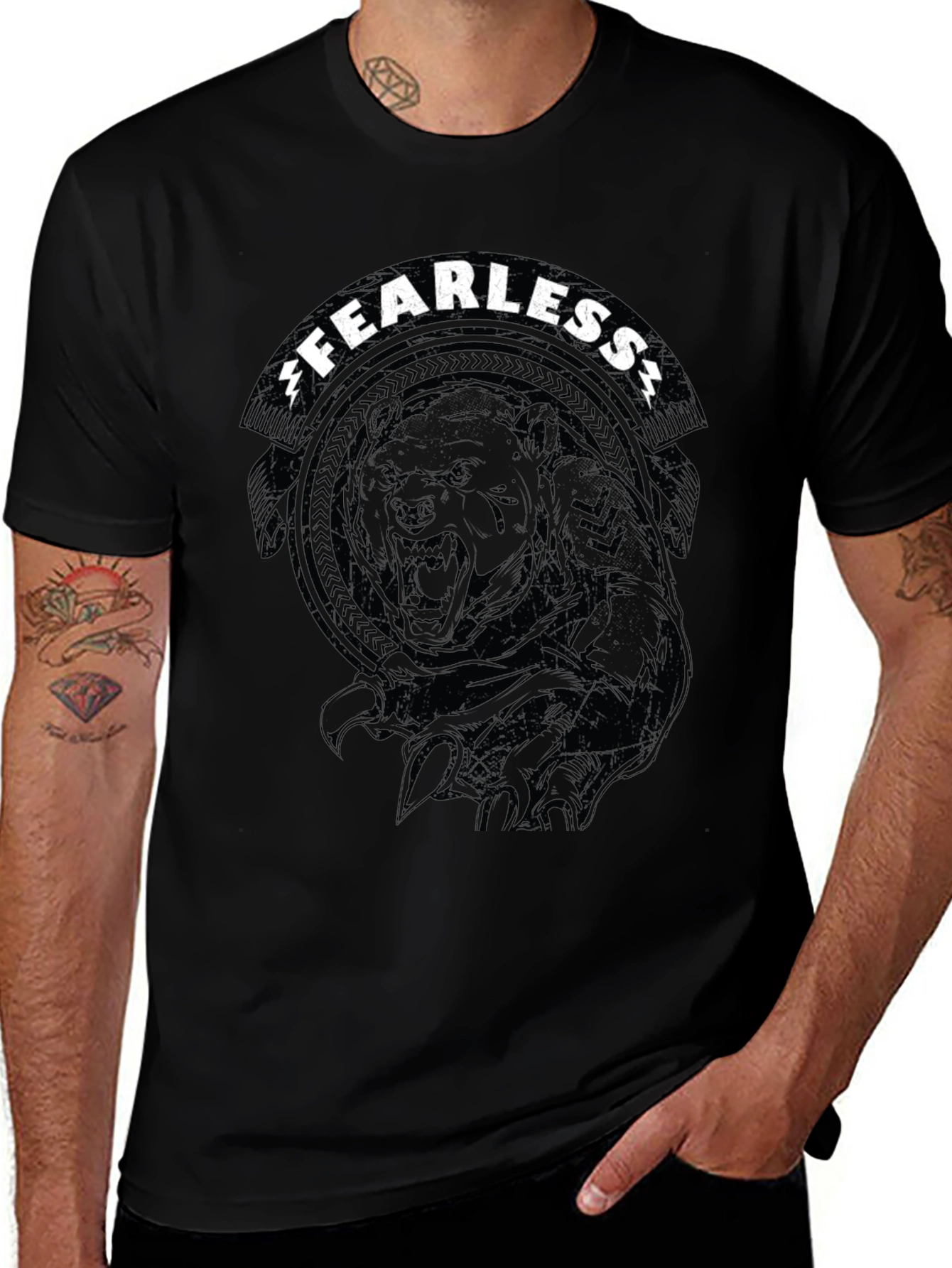 Fearless Bear Graphic Tee - Black Cotton T-Shirt