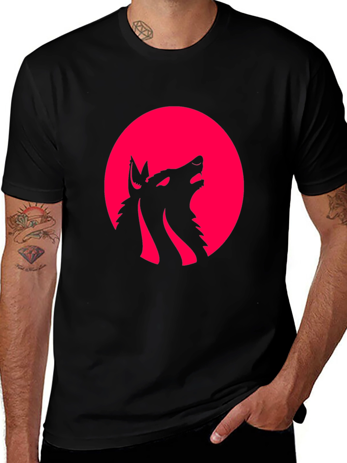 Variant 19 of Wolf Howling at Moon Graphic Tee - Black