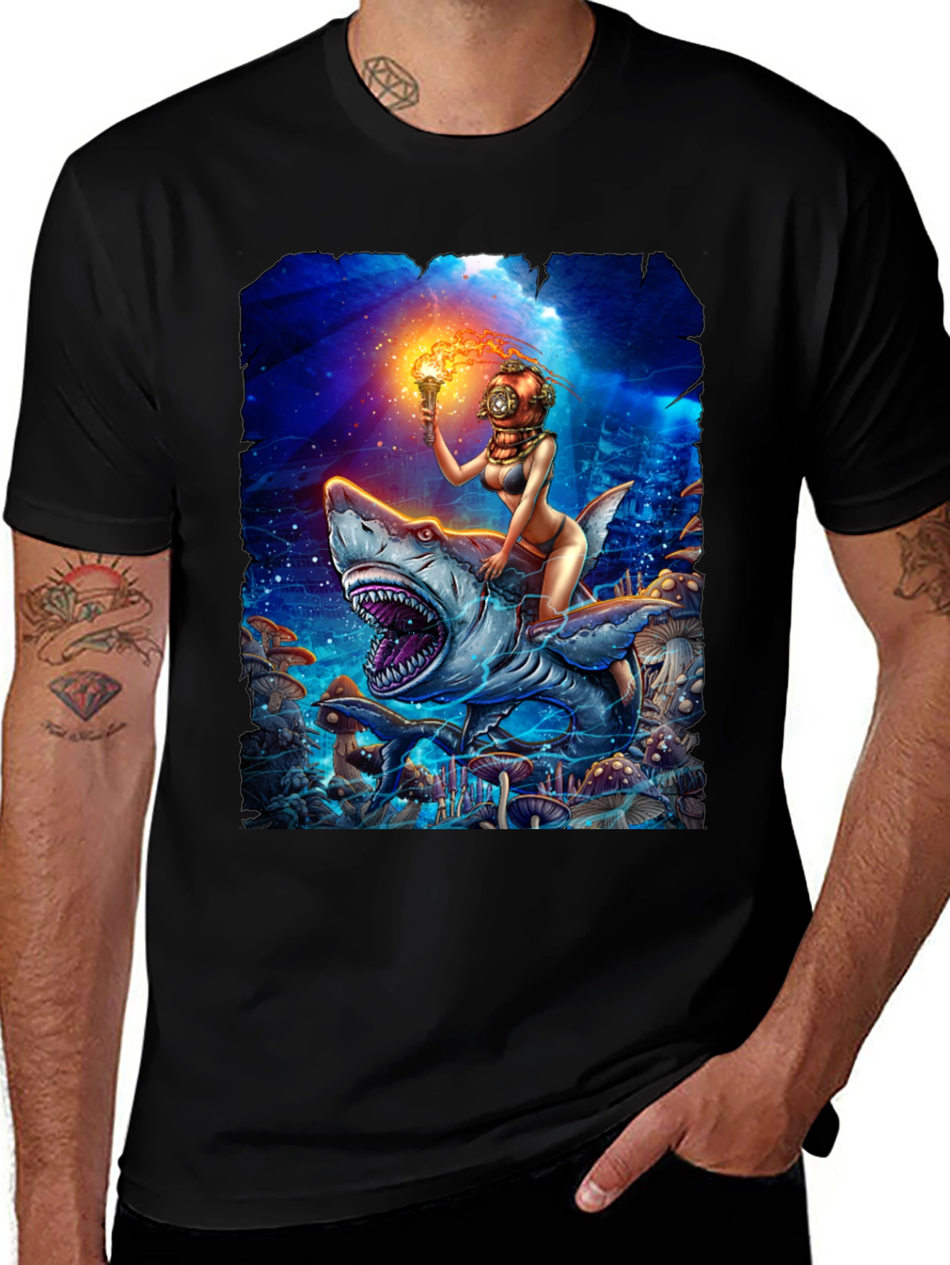Variant 30 of Diver Girl Riding Shark T-Shirt - Unique Graphic Tee