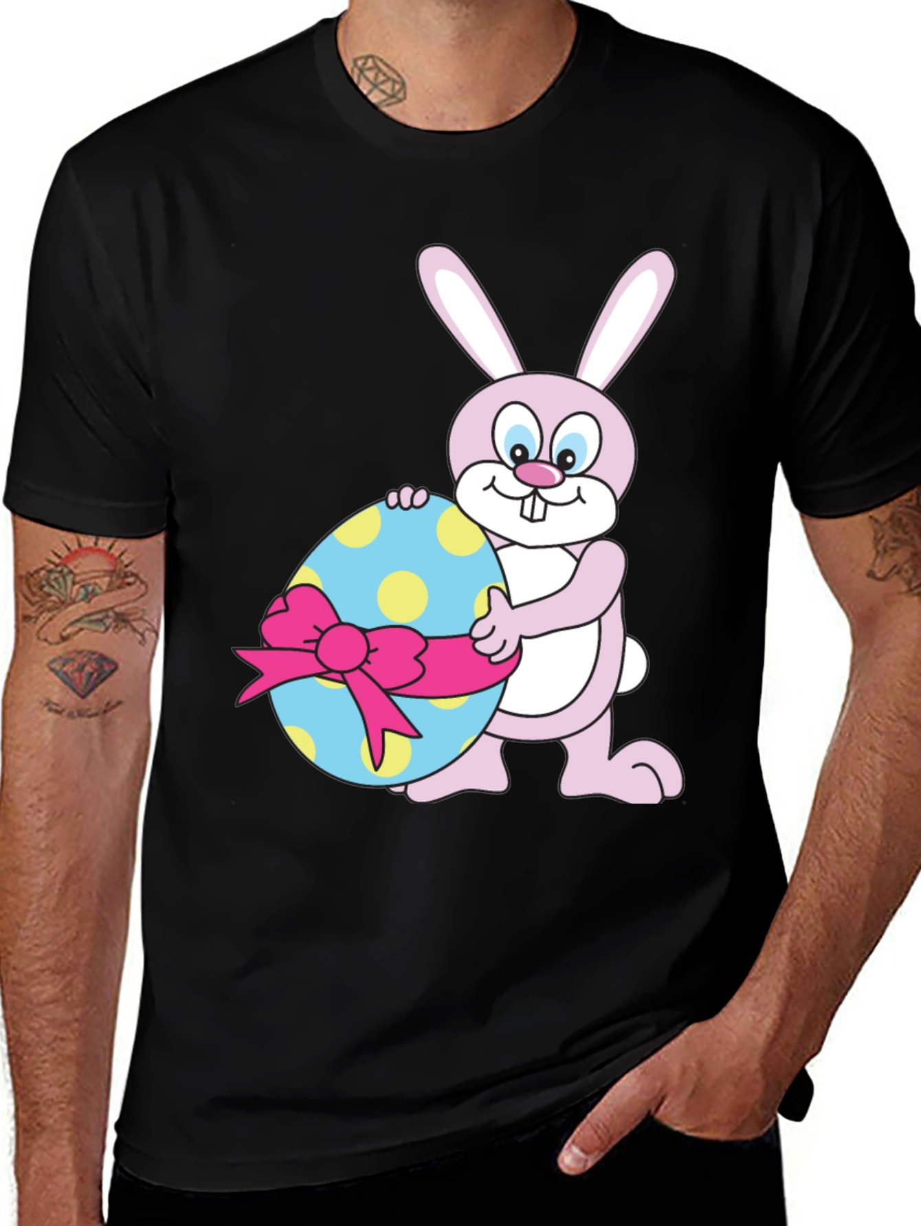 Easter Bunny Holding Decorated Egg Black T-Shirt