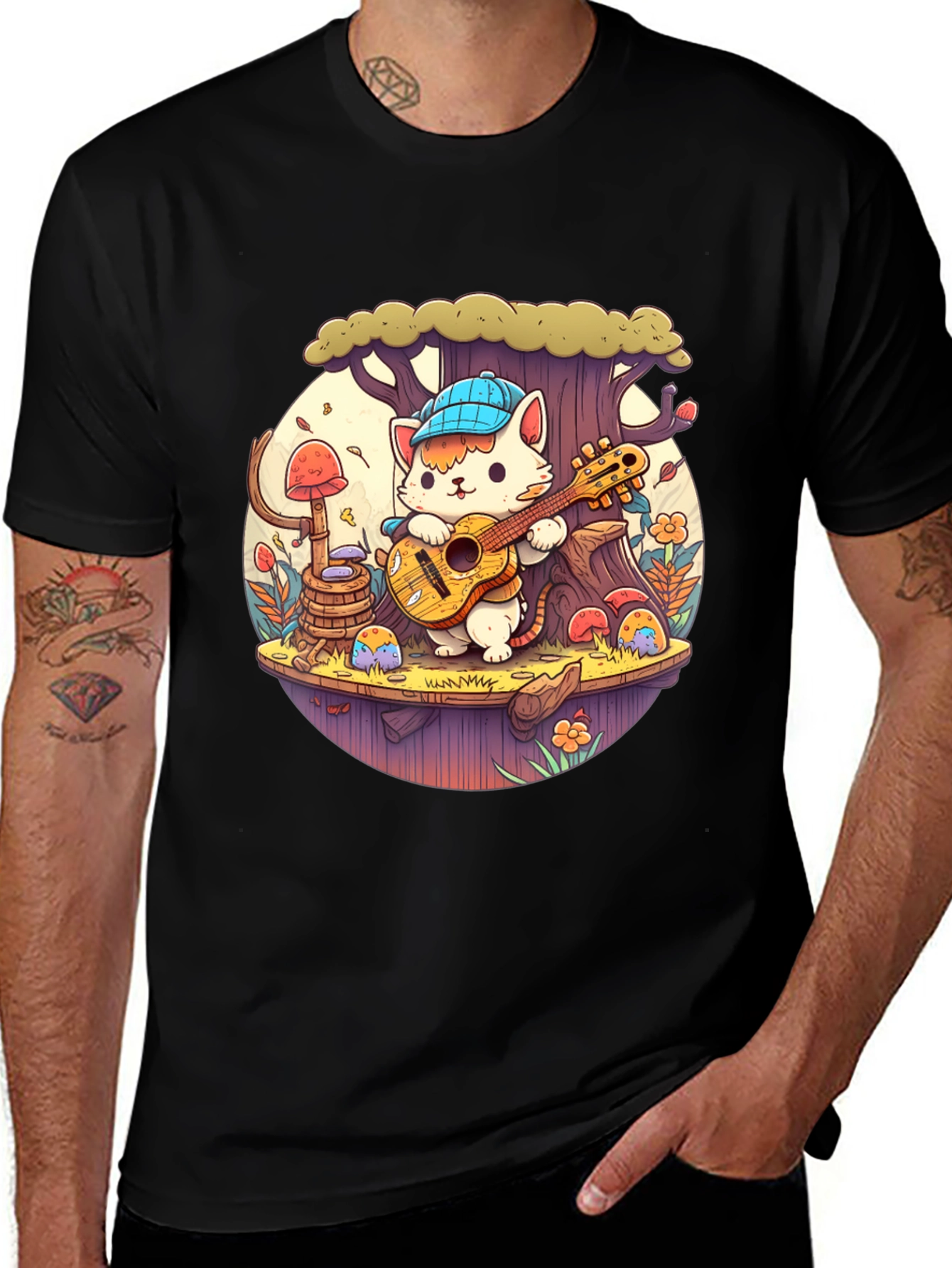 Variant 21 of Cute Cartoon Cat Playing Guitar Black T-Shirt