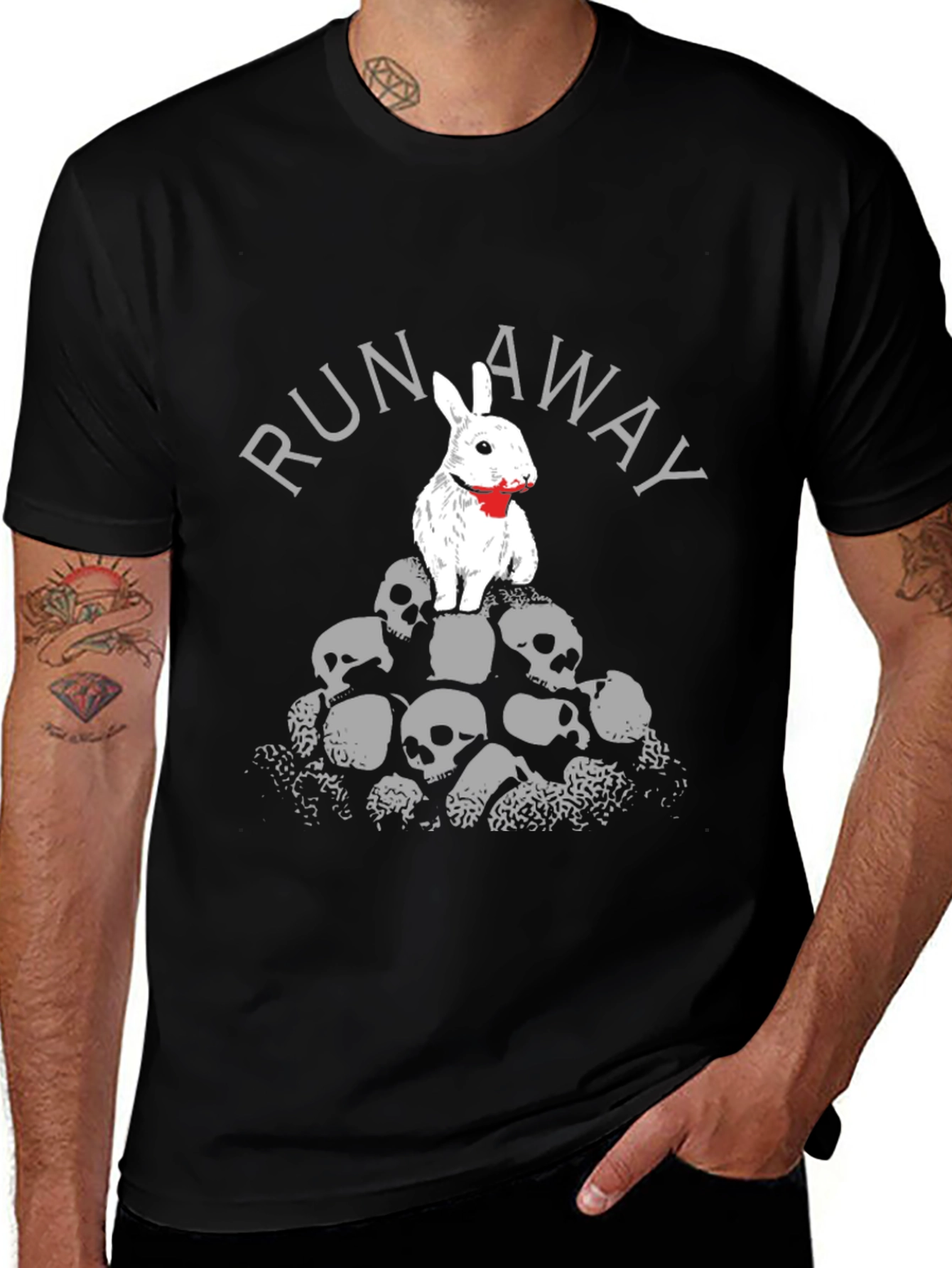 Variant 8 of Run Away Rabbit Skull Pile Graphic Tee - Dark Humor Shirt