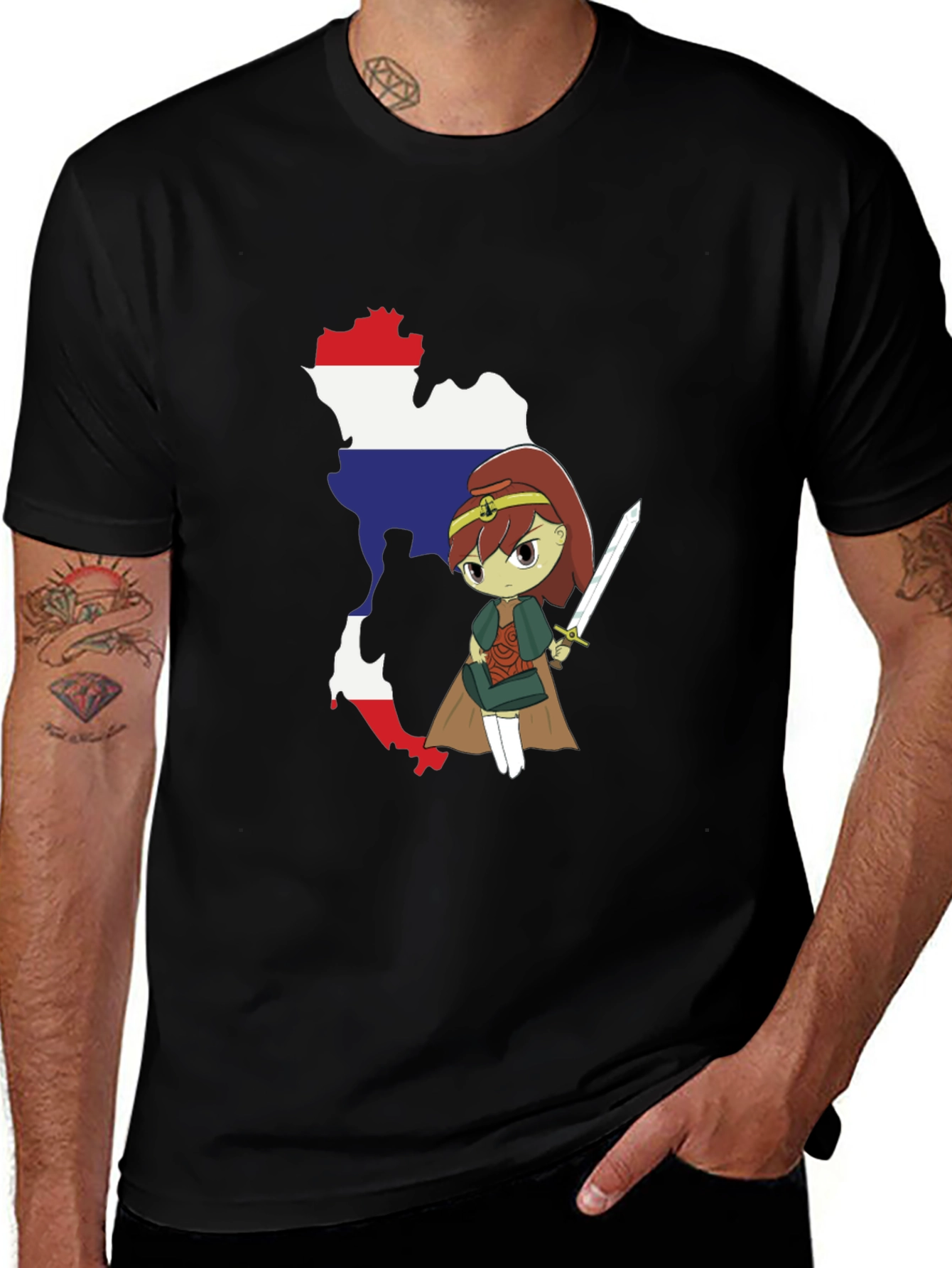 Variant 15 of Thailand Flag Anime Girl Black T-Shirt