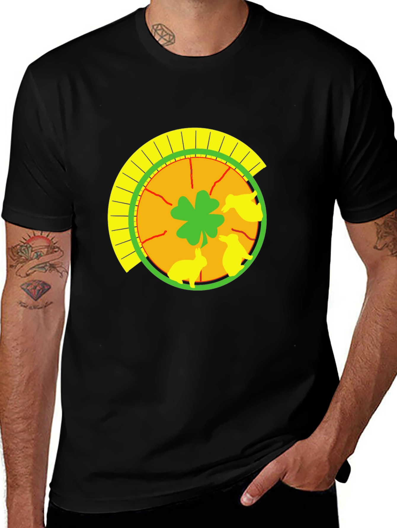 Lucky Shamrock & Rabbit Print Black T-Shirt