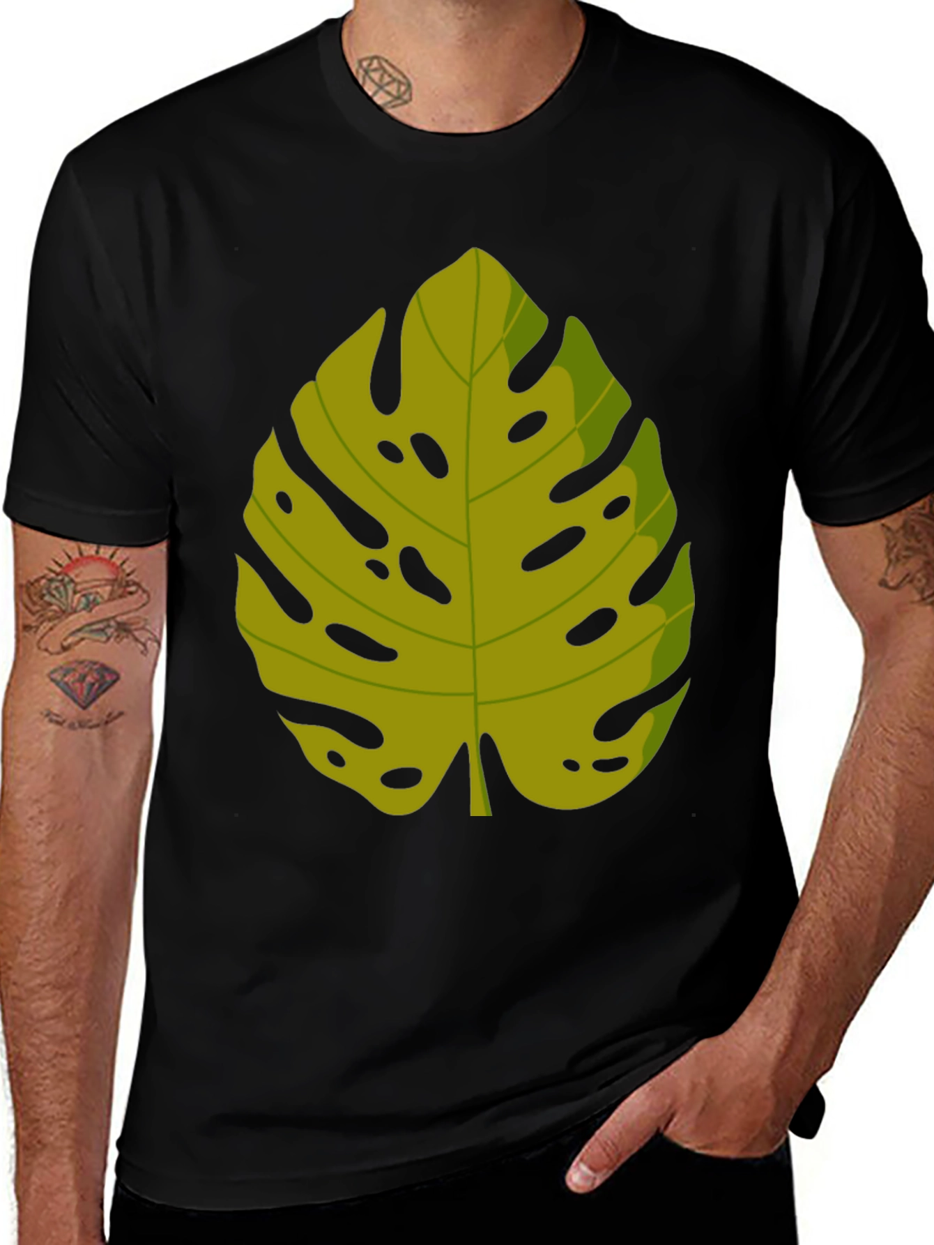 Tropical Monstera Leaf Graphic Tee - Black Cotton