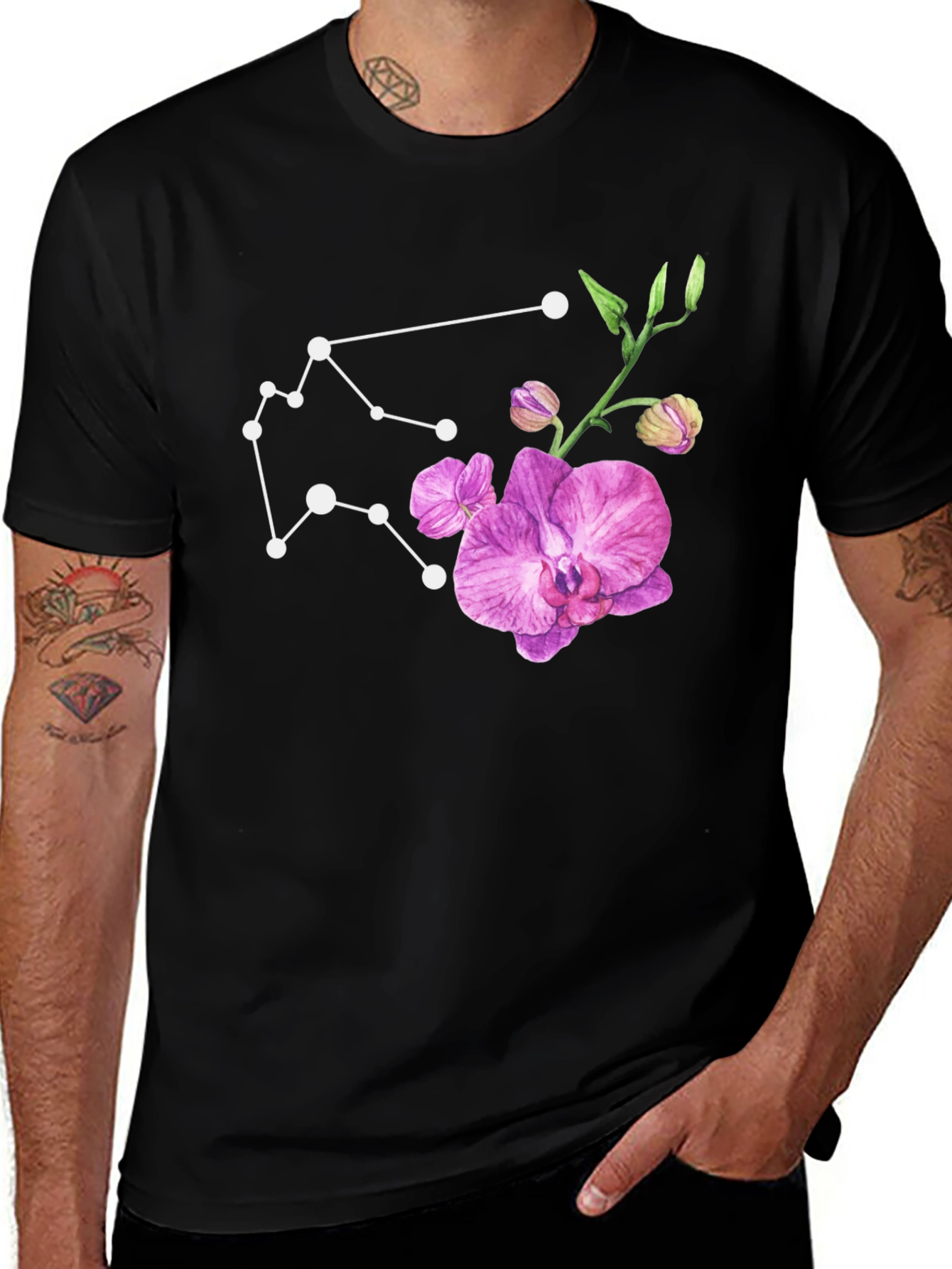 Variant 2 of Aquarius Constellation & Orchid Black T-Shirt