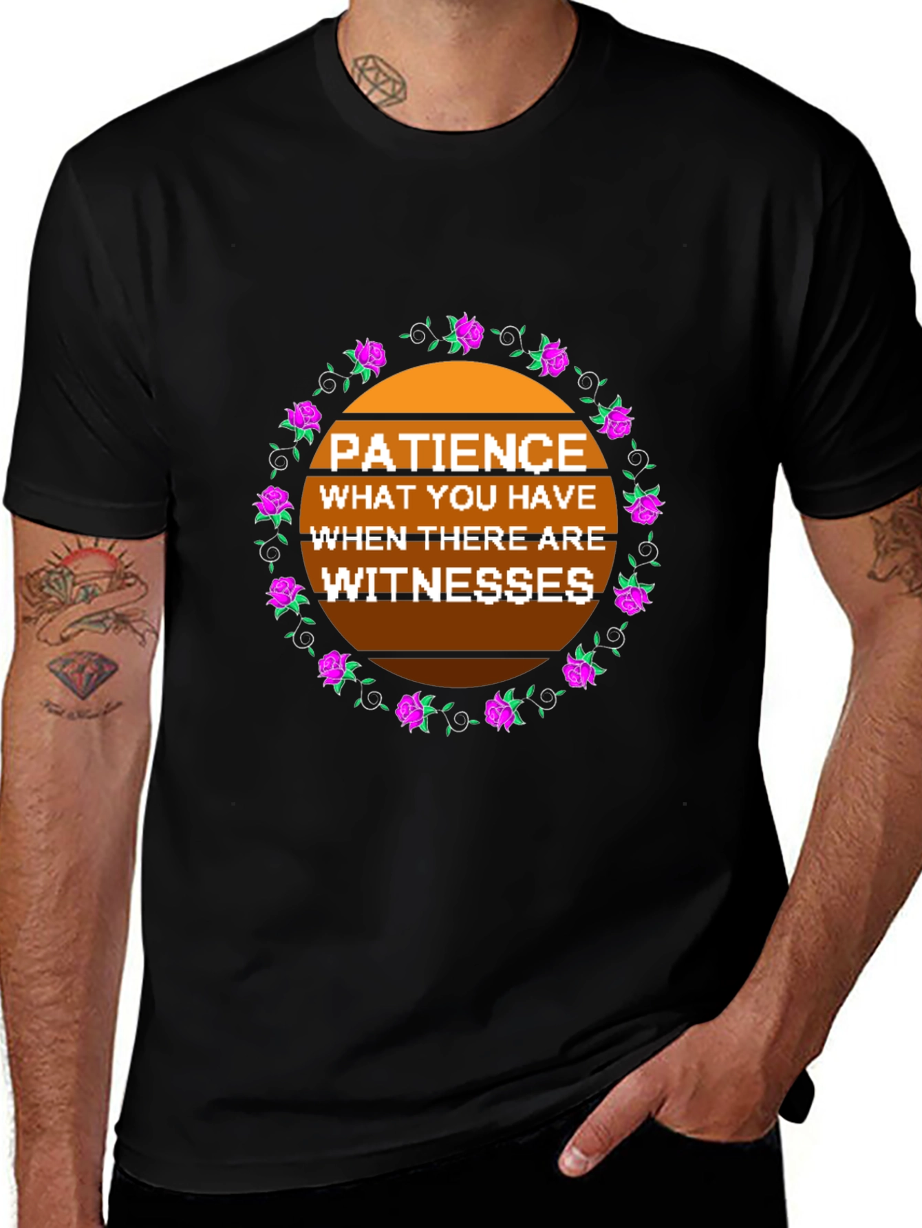 Patience Graphic Tee - Floral Circle Design Black T-Shirt
