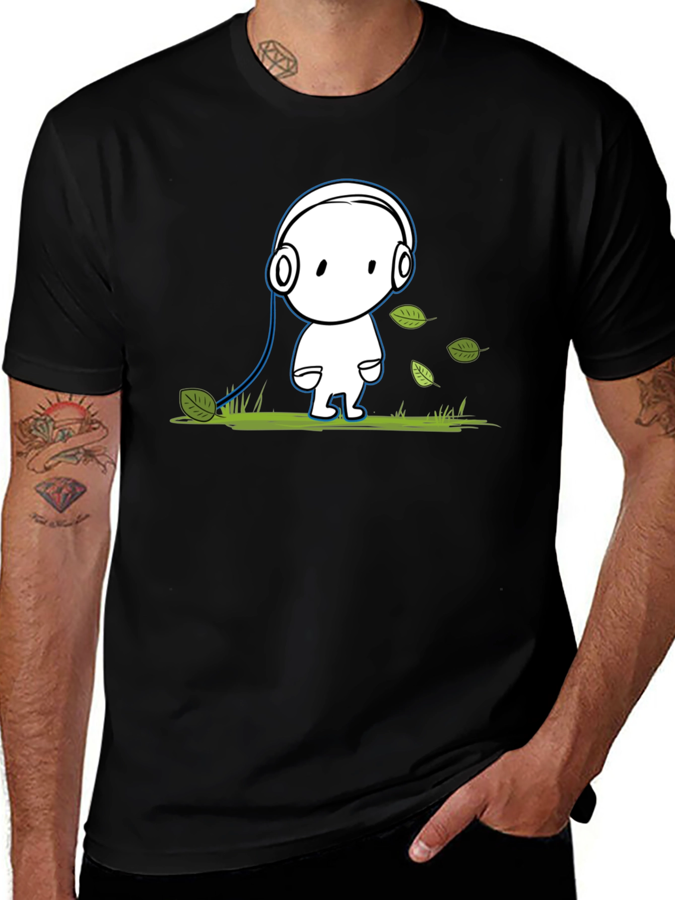 Cartoon Headphone T-Shirt - Black Cotton Graphic Tee