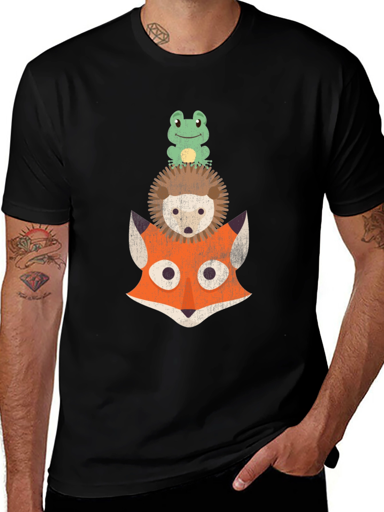 Variant 19 of Stacked Animal Tee: Frog, Hedgehog, and Fox Design T-Shirt