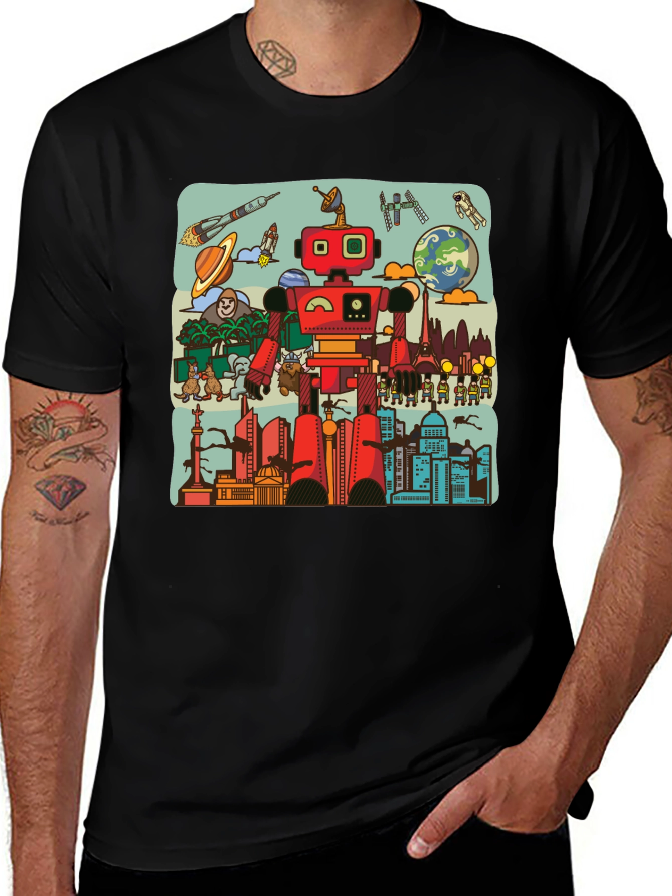 Variant 10 of Robot & City Graphic Tee - Black Cotton T-Shirt