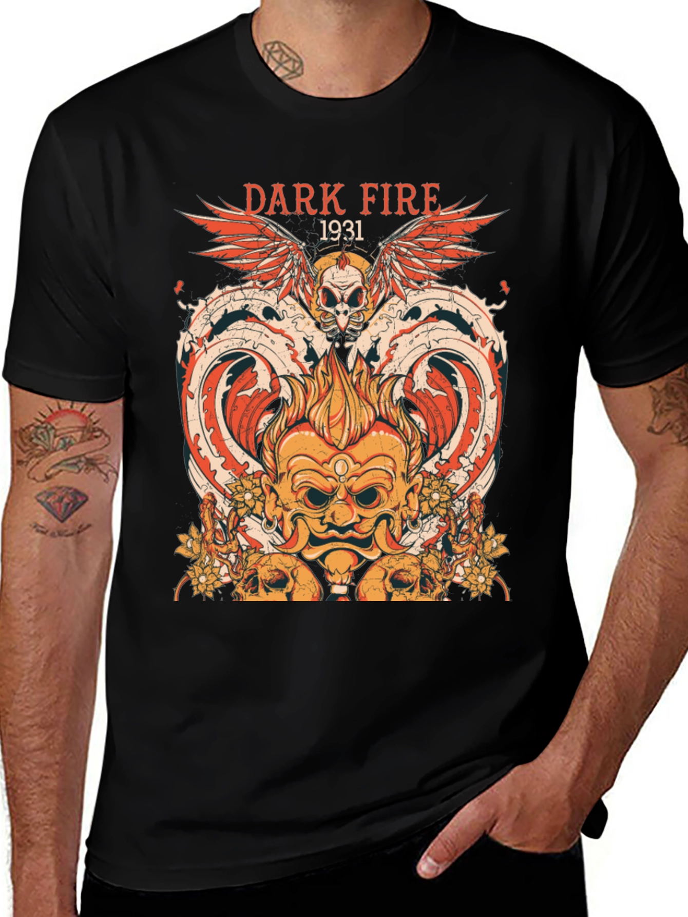 Variant 25 of Dark Fire 1931 Graphic Tee - Skull & Wings Design