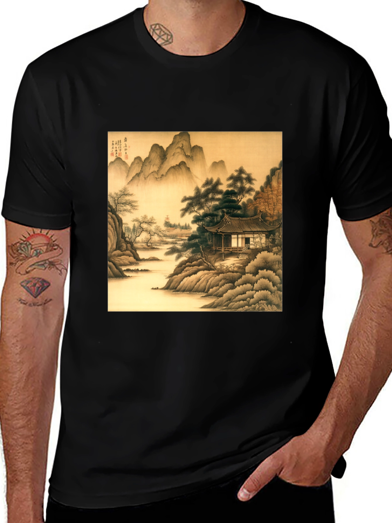 Variant 10 of Asian Landscape Graphic Black T-Shirt