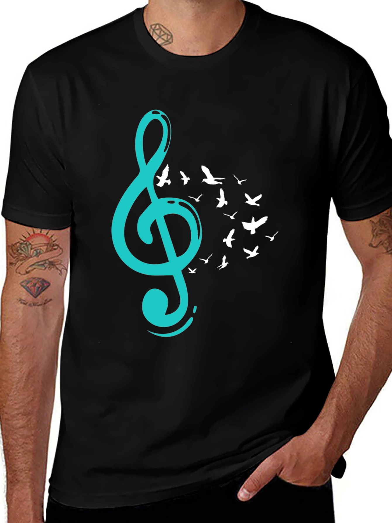 Variant 28 of Musical Flight T-Shirt - Teal Treble Clef & Birds
