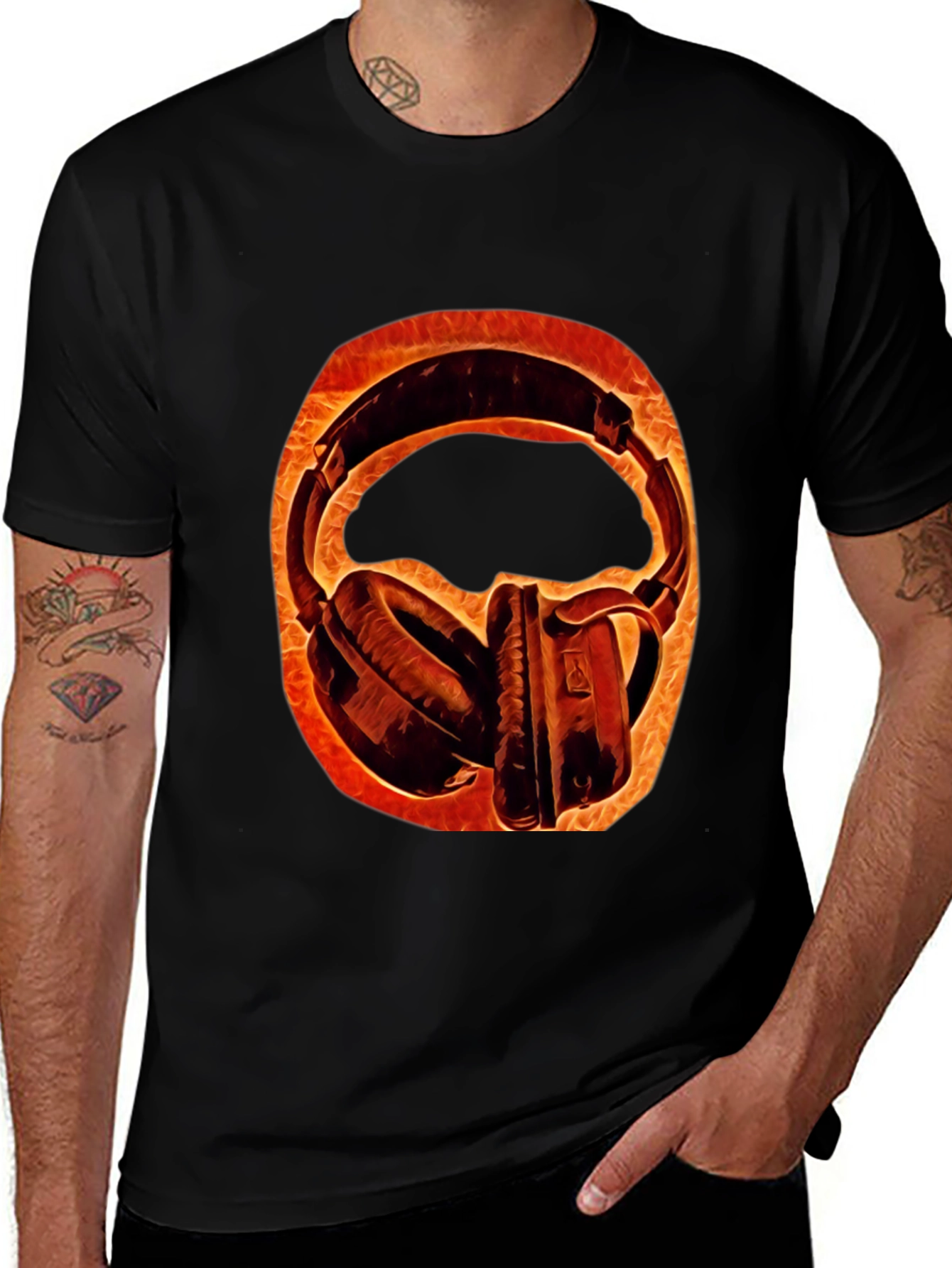 Variant 30 of Fiery Headphone Graphic Tee - Black Cotton Blend