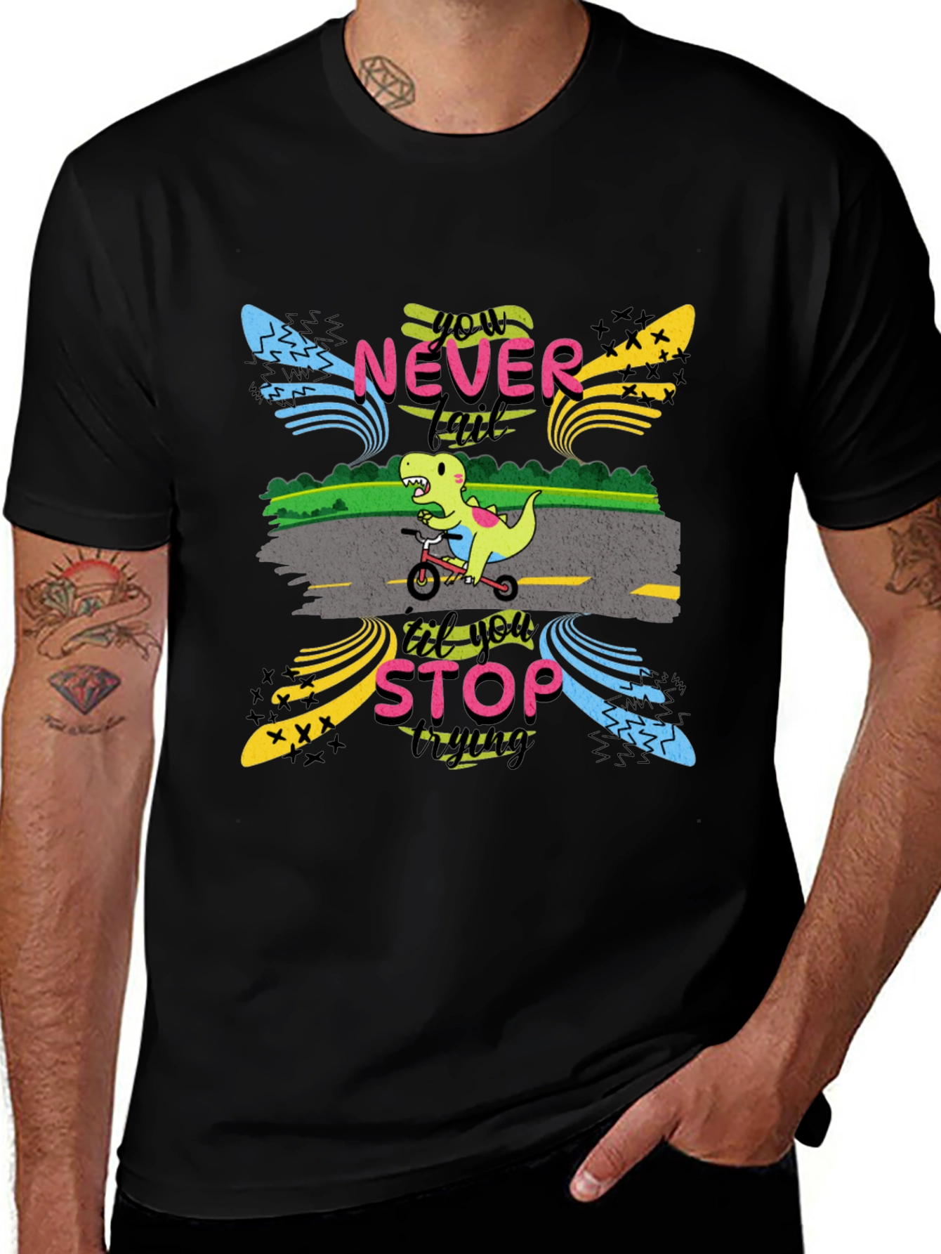 Variant 11 of Never Stop Trying T-Shirt: Dino on Bike