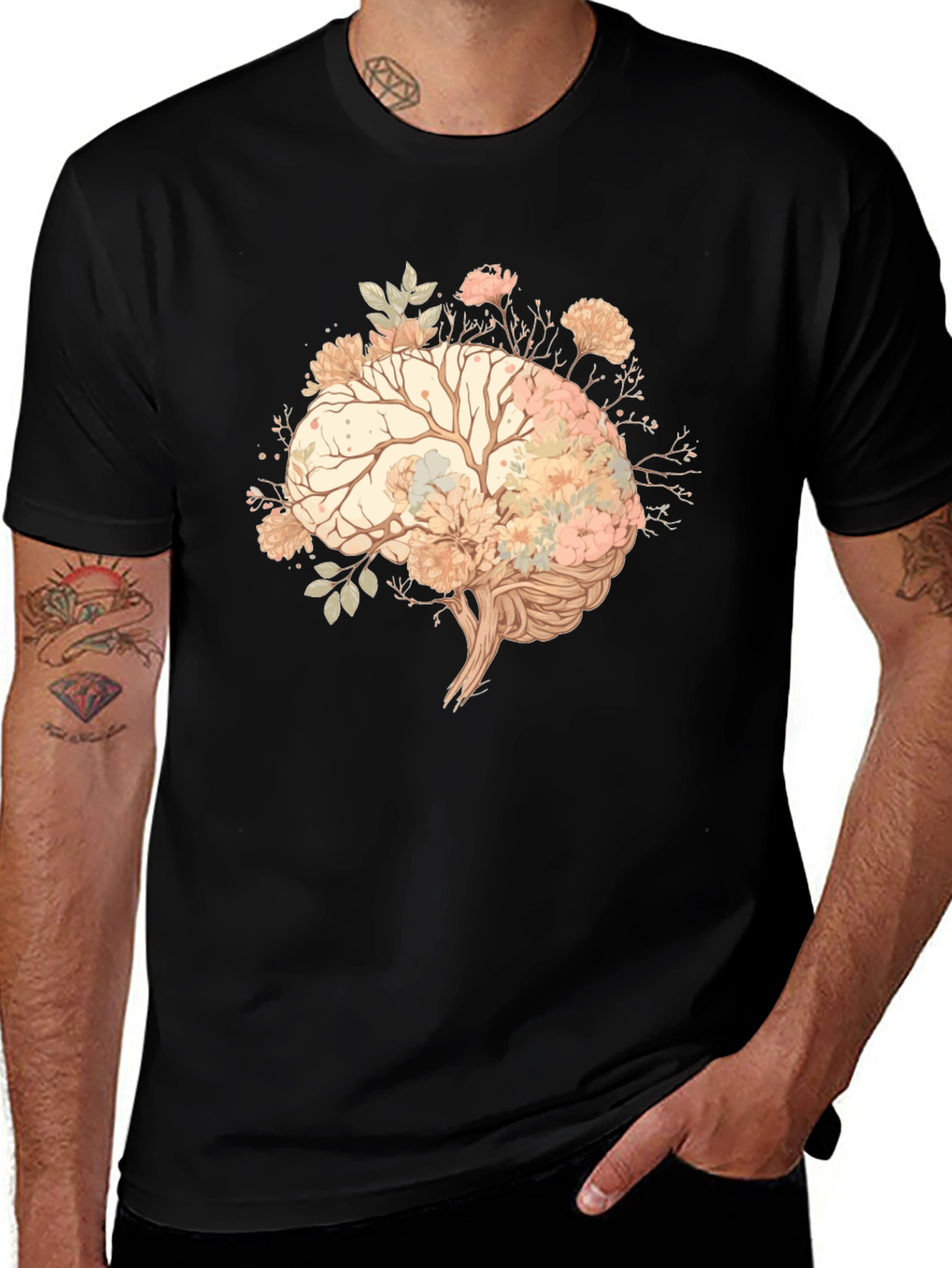 Variant 20 of Floral Brain Graphic Tee - Black Cotton T-Shirt
