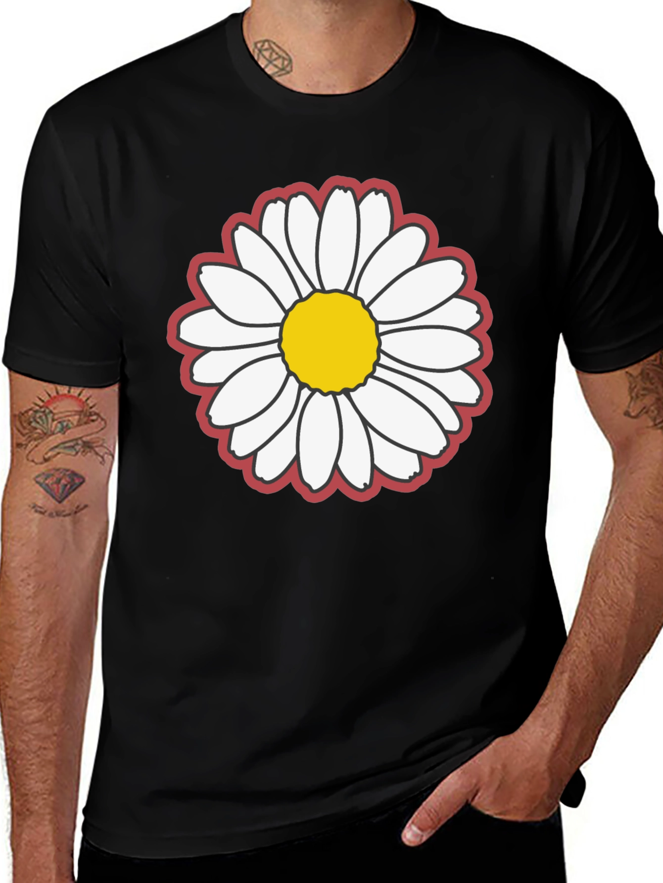 Variant 2 of Daisy Flower Graphic Tee - Black Cotton Casual
