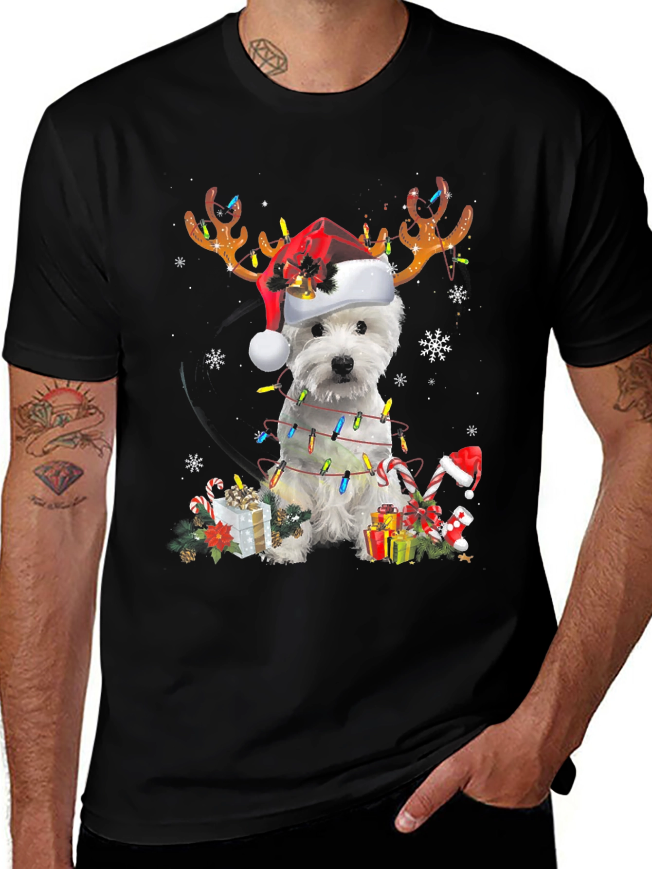 Dog Christmas T-Shirt - Reindeer Antlers Santa Hat